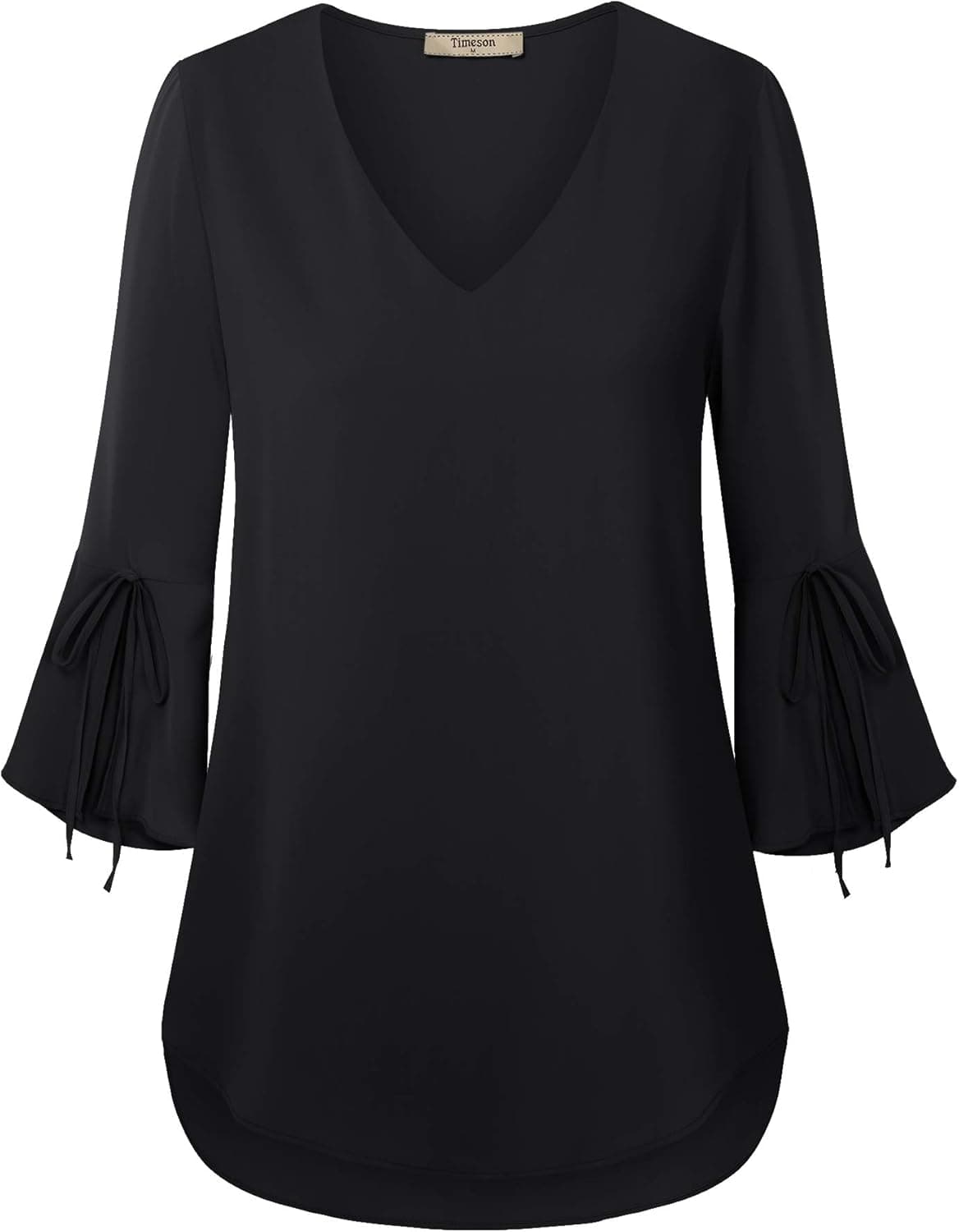 Timeson Black 3/4 Sleeve Blouse,Business Shirts for Women, Ladies Summer Tops Flare Sleeves V Neck Chiffon Tunics Junior Summer Tops Casual Office Formal Work Wear High Low Curved Hem Pleated X-Large
