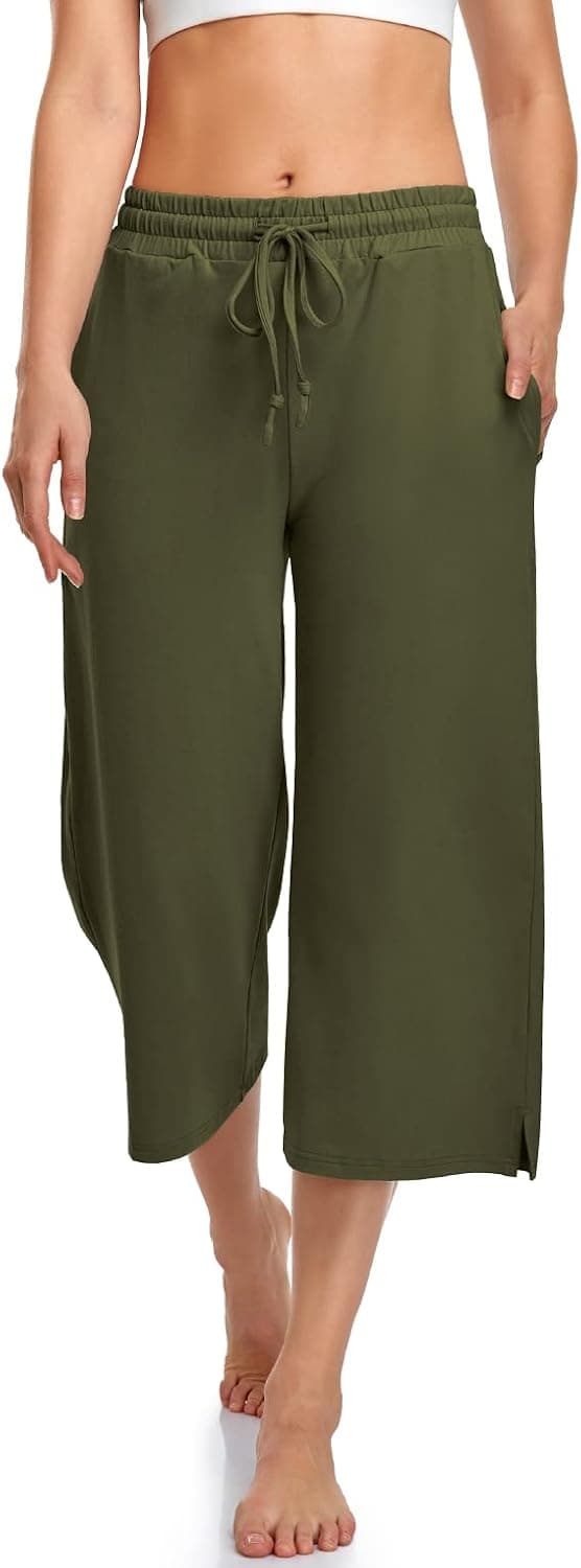 UEU Womens Capri Yoga Pants Wide Leg Drawstring Loose Comfy Lounge Pajama Capris Sweatpants with Pockets