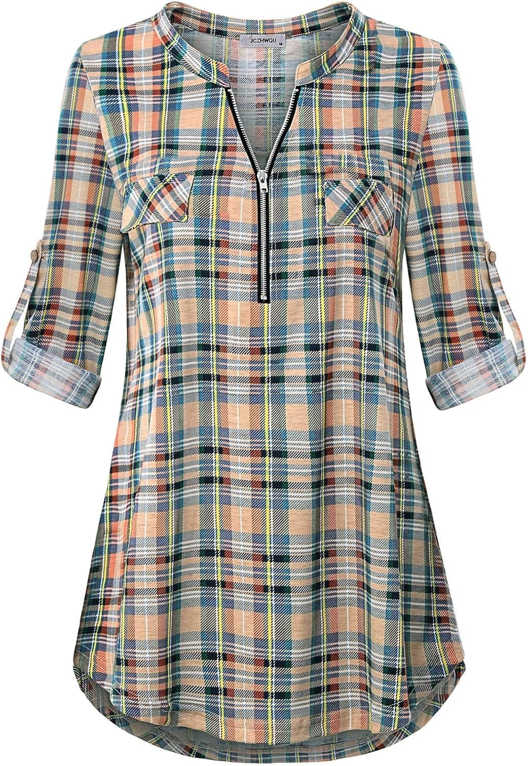 JCZHWQU Women's Zip Up V Neck 3/4 Rolled Sleeve Casual Tunic Shirt