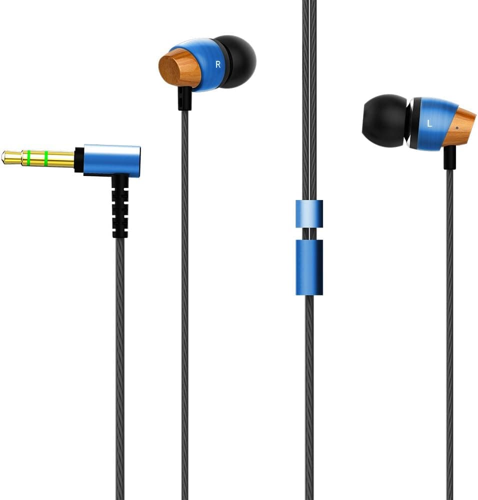 Astrotec AM800 HiFi Stereo Earbuds Headphones, Noise Cancelling Earphones, Wood and Metal Headsets with Dynamic Crystal Clear Sound (Blue)