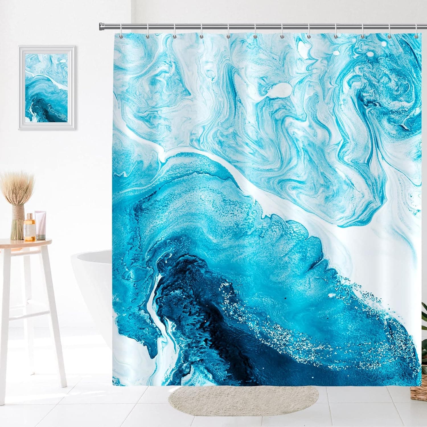 Seorsok Blue with Silver Marbled Shower Curtain,Creative Abstract Ocean Shower Curtain Decorative Bathroom Tub Home with 12 Hooks Quick Dry Washable Durable Polyester Fabric Standard 72x72 Inches