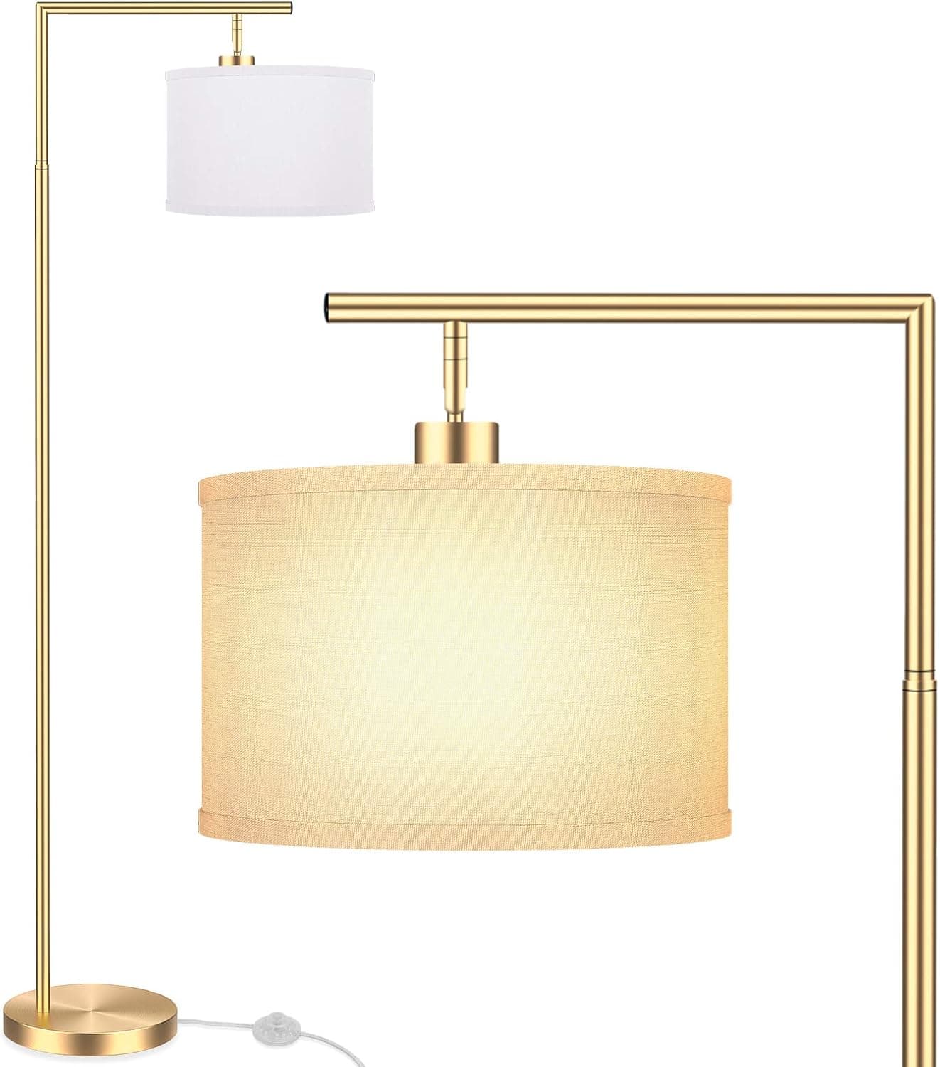 Floor Lamp for Living Room, 64inch Modern Gold Standing Lamp with White Drum Shade, Tall Pole Hanging Reading Lamp with Adjustable Lampshade for Bedroom Hotel Office, Antique Brass