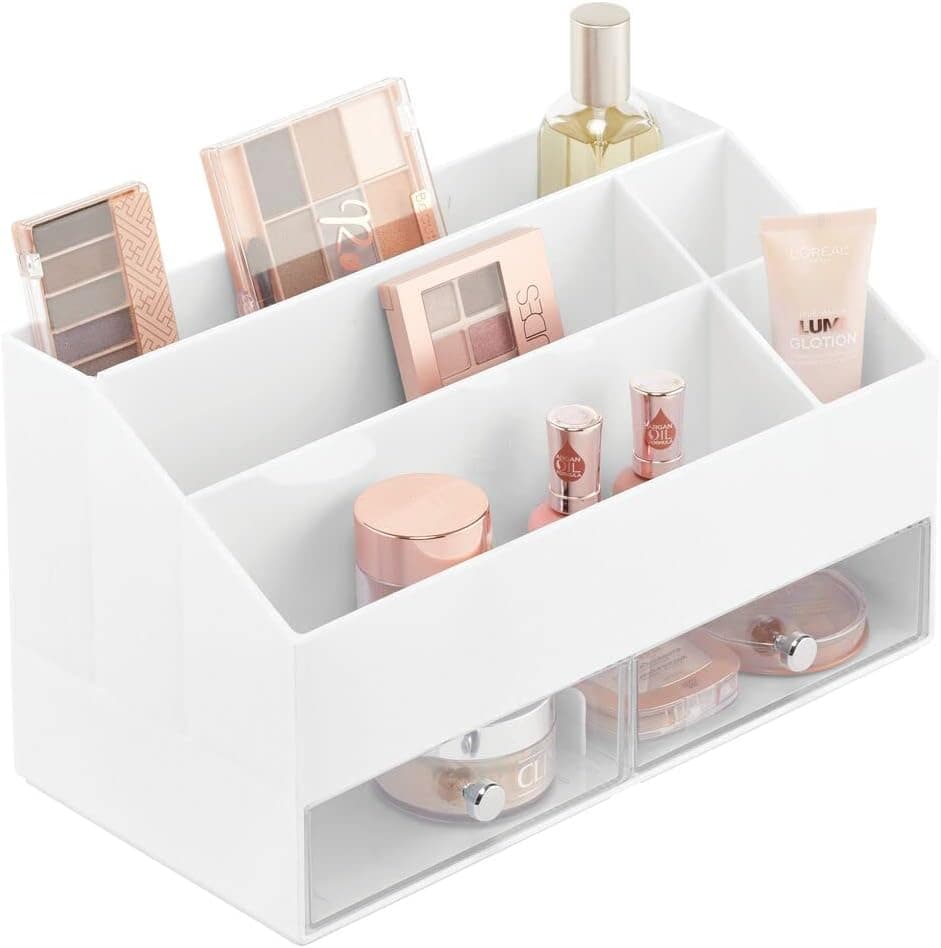 mDesign Plastic Makeup Storage Organizer with 2 Drawers and 5 Divided Sections for Bathroom, Vanity, Cabinet, Countertops - Storage for Cosmetics, Brushes, Blush - Lumiere Collection - White/Clear