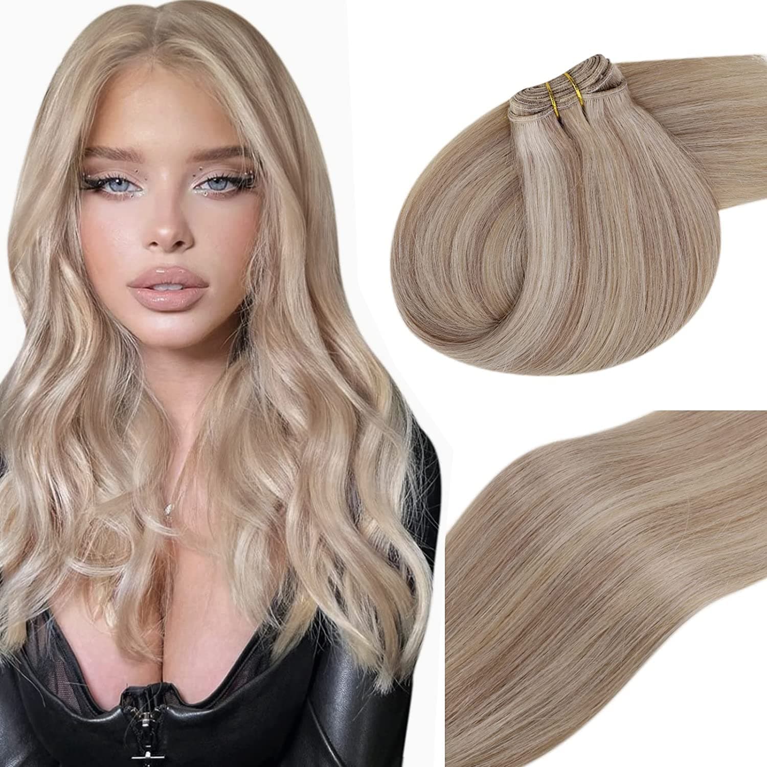 Vivien Highlights Sew in hair Extensions Dark Ash Blonde with Golden Blonde Sew in Hair Extensions Blonde hand tied Hair Wefts Remy Hair 20 Inch 100 Grams