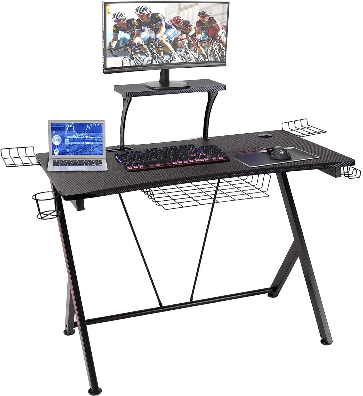 Polar Aurora Y-Shaped Gaming Desk 41.6" W x 24" D Home Office Computer Table, Black Gamer Workstation with Monitor Stand， a Cup and Headphone Hook, Cable Management Hole and a Under-Desk Basket(RED)