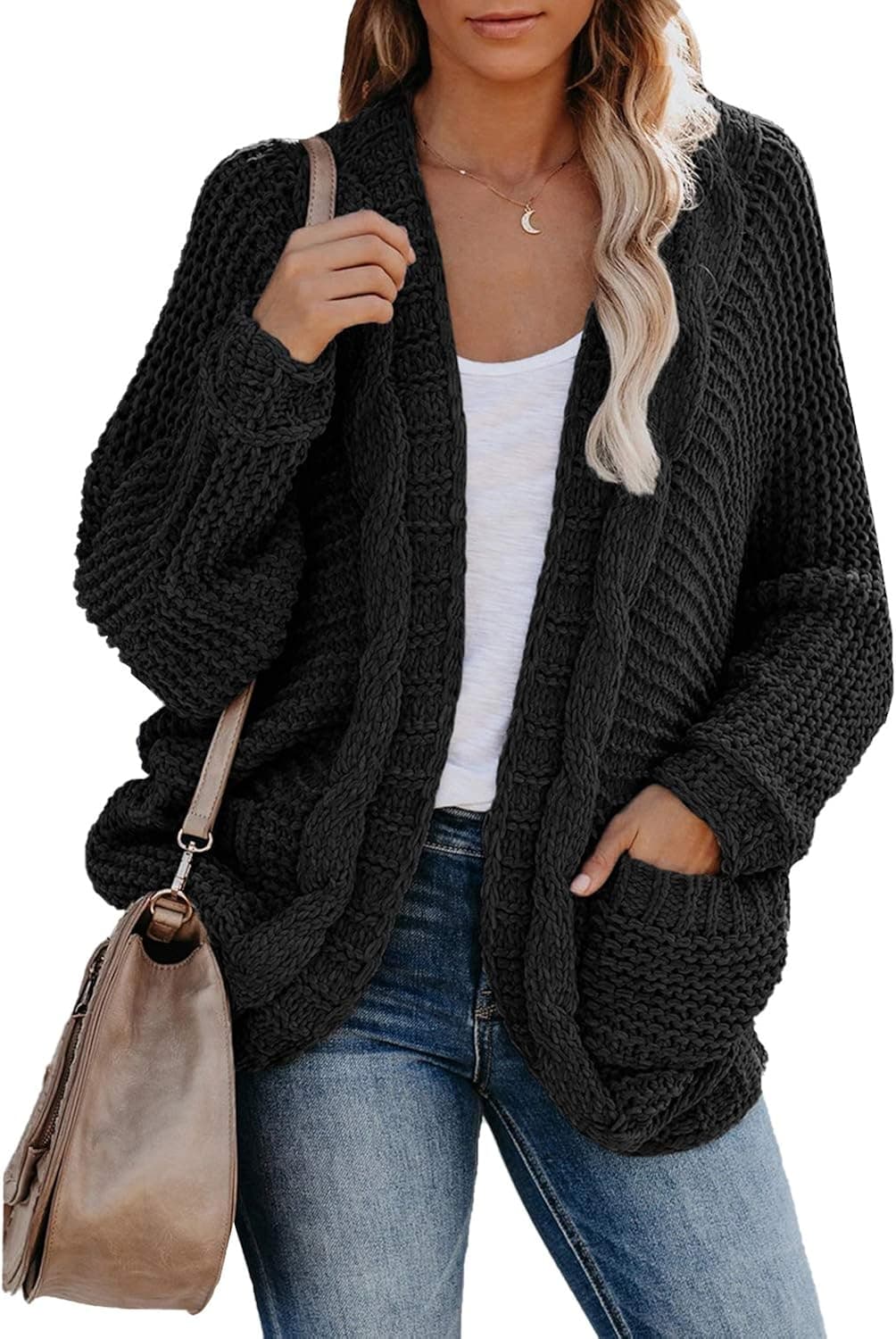 Astylish Womens Sweater Ladies Winter Warm Cozy Open Front Long Sleeve Chunky Knit Casual Cardigan Sweater Outwear Coat with Pockets Black X-Large