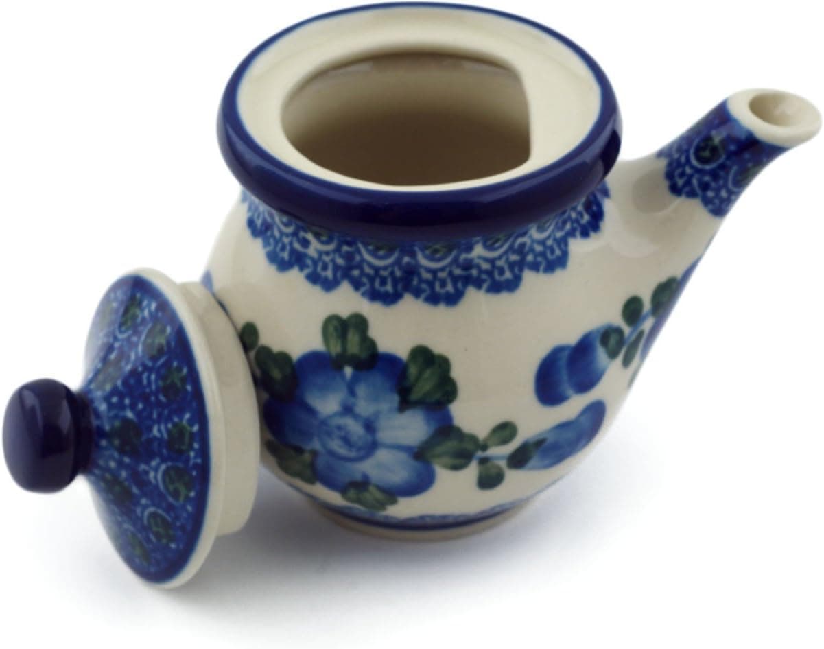 Polish Pottery 4 oz Creamer with Lid made by Ceramika Artystyczna (Blue Poppies Theme) + Certificate of Authenticity