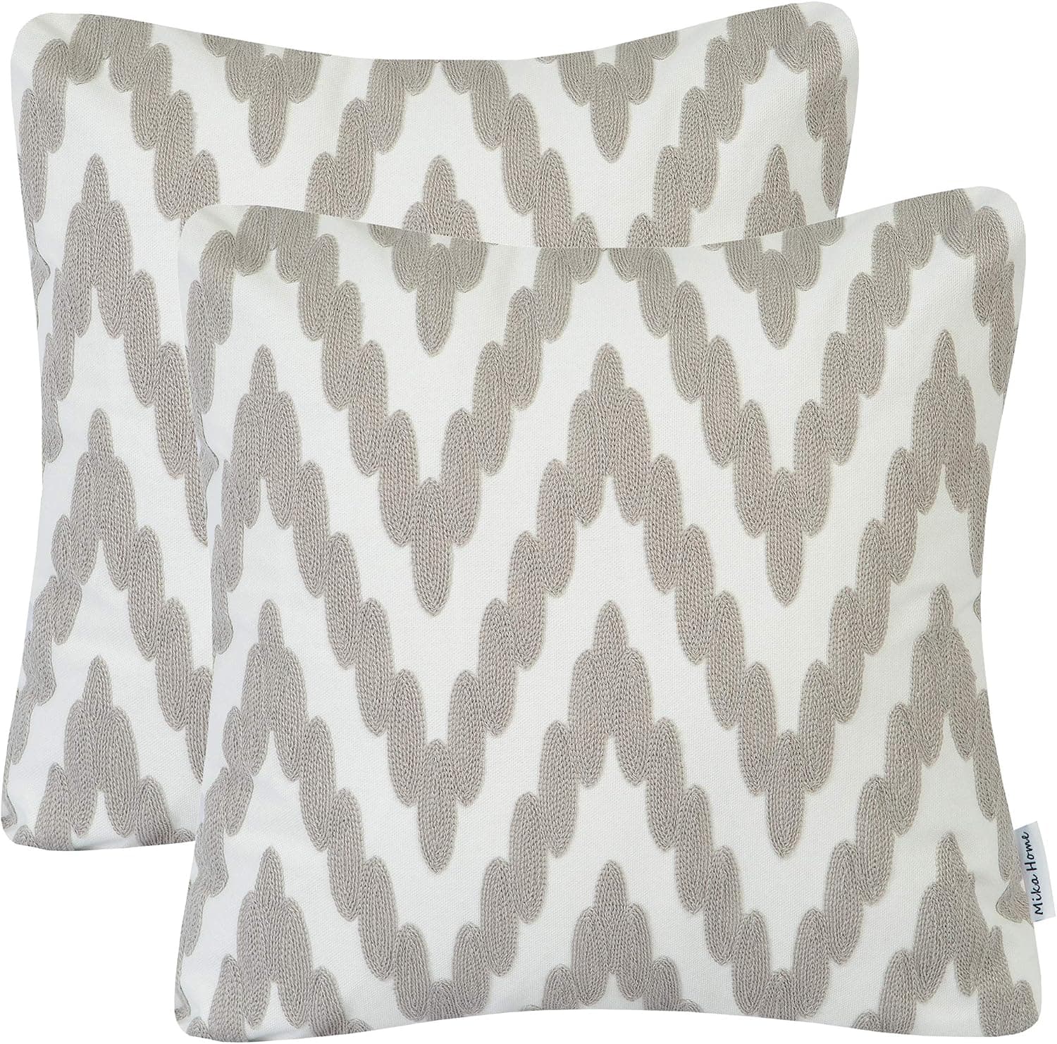 Mika Home Pack of 2 Embroidery Zigzag Chevron Pattern Accent Throw Pillow Cases Pillow Covers 18x18 for Living Bed Room Cotton Fabric Grey White