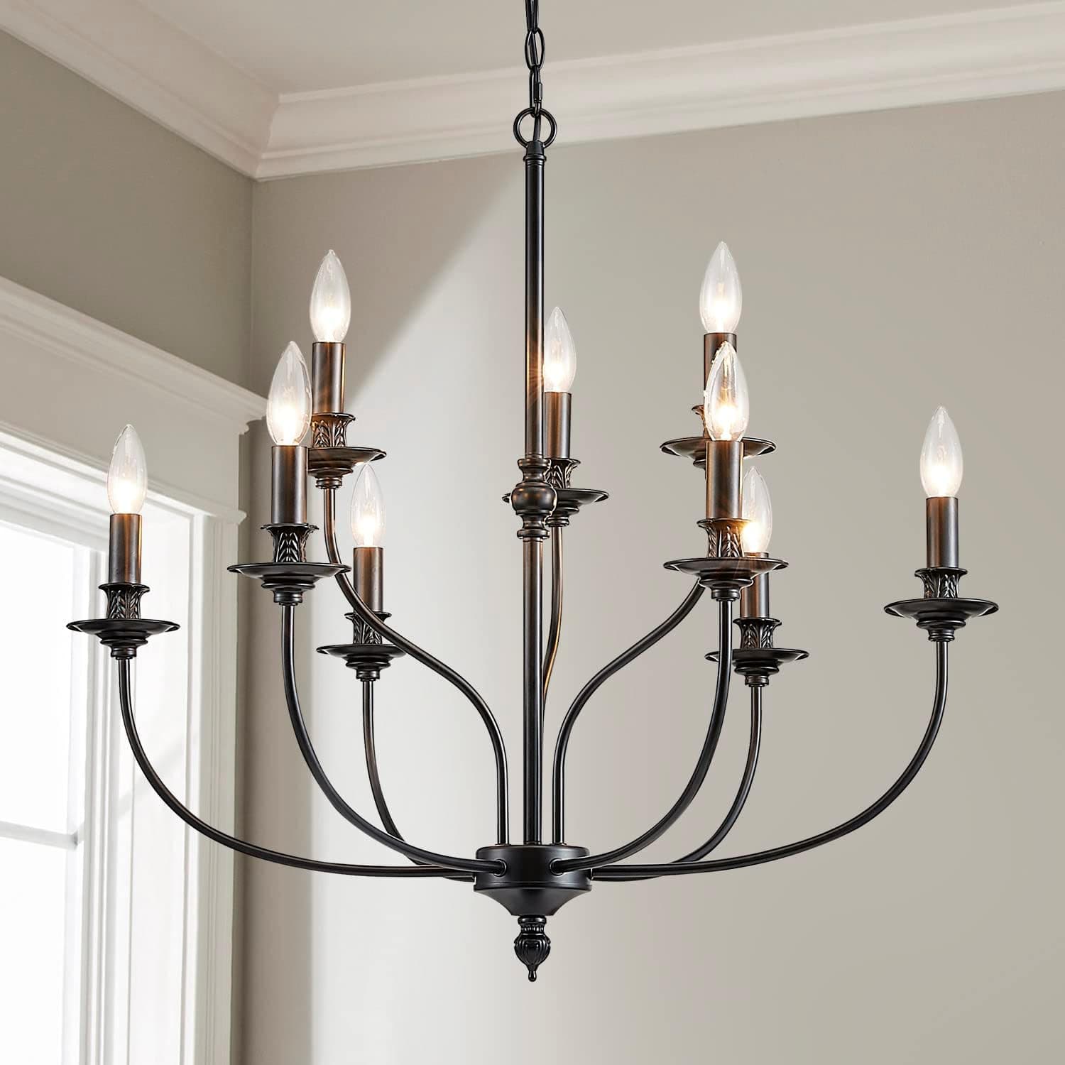 Shrine Lighting 20056 Antique Painted Farmhouse Chandelier Light Fixture 9-Light Farmhouse Pendant Light Fixtures Black Chandelier for Bedroom,Living Room,Dining Room,H28 xD29,Chain Adjustable