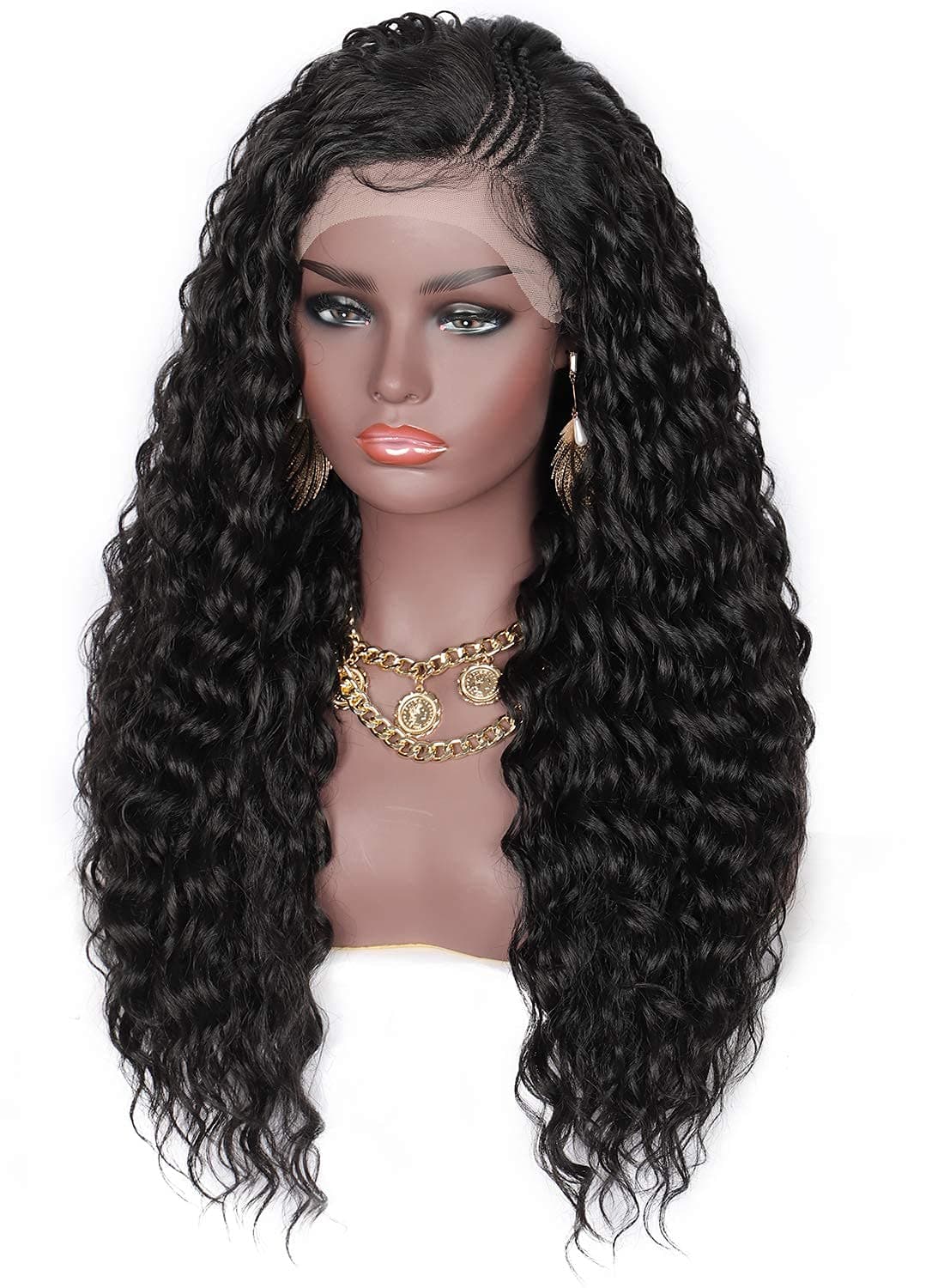 Brinbea 26” Top Side Pre-Braided Wigs for Dark Skin Women Lace Front Wigs with Baby Hair Water Ripple Wave Curly Heat Resistant Japan-made Synthetic HD Transparent Lace Frontal Black Braids Wig