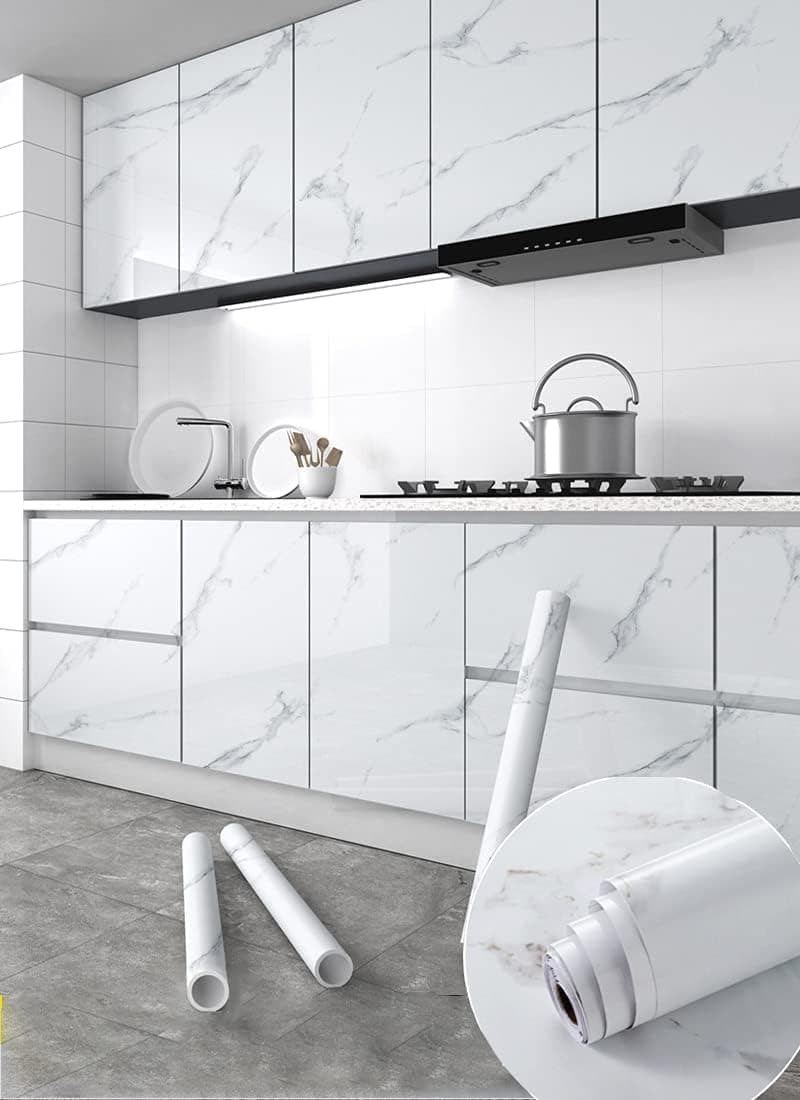 Glossy Marble Paper Granite Gray/White Wallpaper Peel and Stick Wallpaper Self Adhesive Removable Wallpaper 23.6″ ×393″ Waterproof Countertop Paper for Cabinet Countertop Furniture Kitchen Viny Film