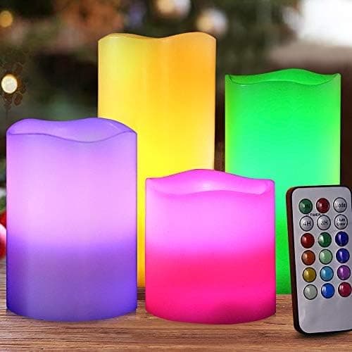 HOME MOST Set of 4 Multicolor LED Pillar Candles Outdoor IP65 Waterproof 3x4 3x5 3x6 3x7 - Color Changing Pillar Candles Battery Powered - Unscented LED Candles Assorted Colors with Timer and Remote