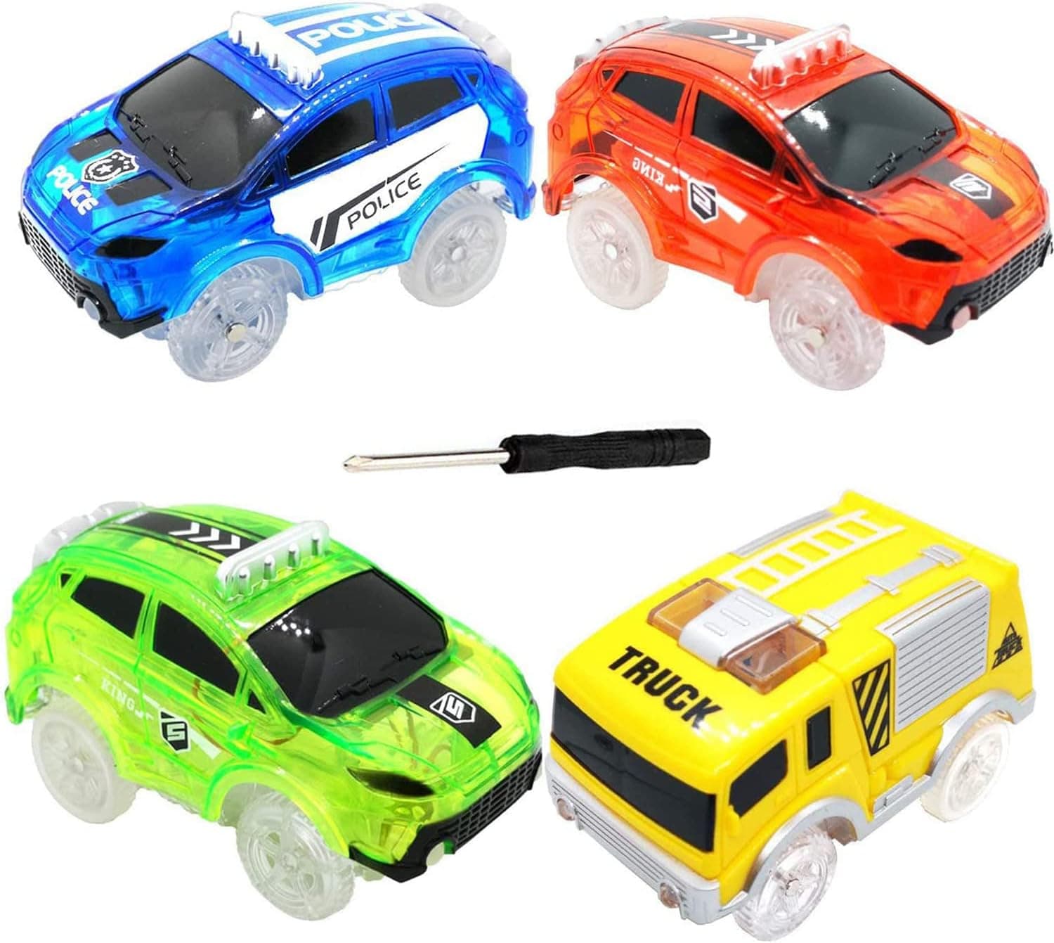 HZMENG Track Cars Replacement only Light Up Racing Track Accessories Compatible with Most Tracks with 5 Flashing LED Lights Glow in The Dark Best Toys for Boys and Girls 4 Pack