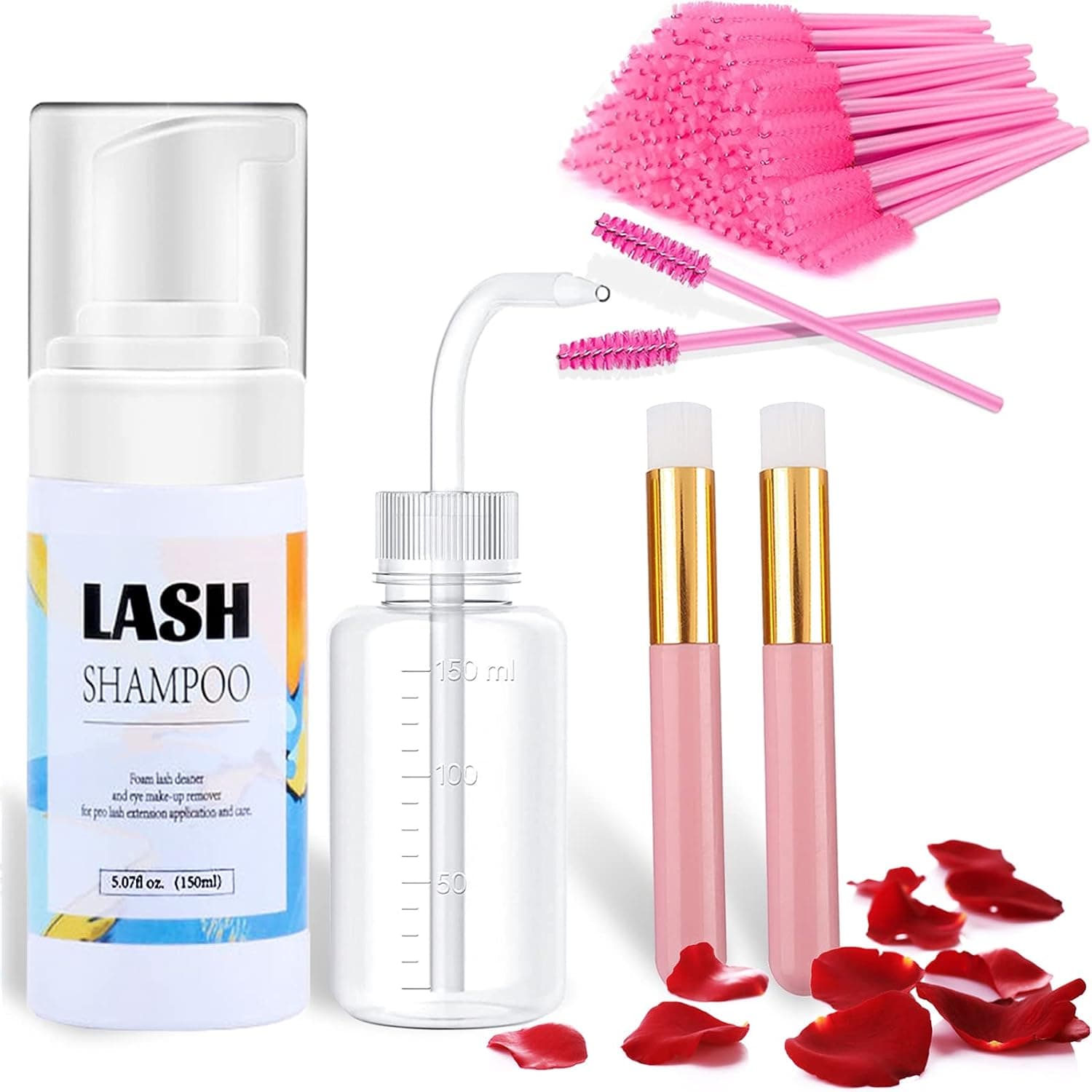 Eyelash Extension Cleanser 150ml + Rinse Bottle+ 2 Brushes+50 Mascara Wands, Eyelash Extension Shampoo, Eyelid Foaming Cleanser, Eyelash Wash and Lash Bath for Extensions, Oil Free