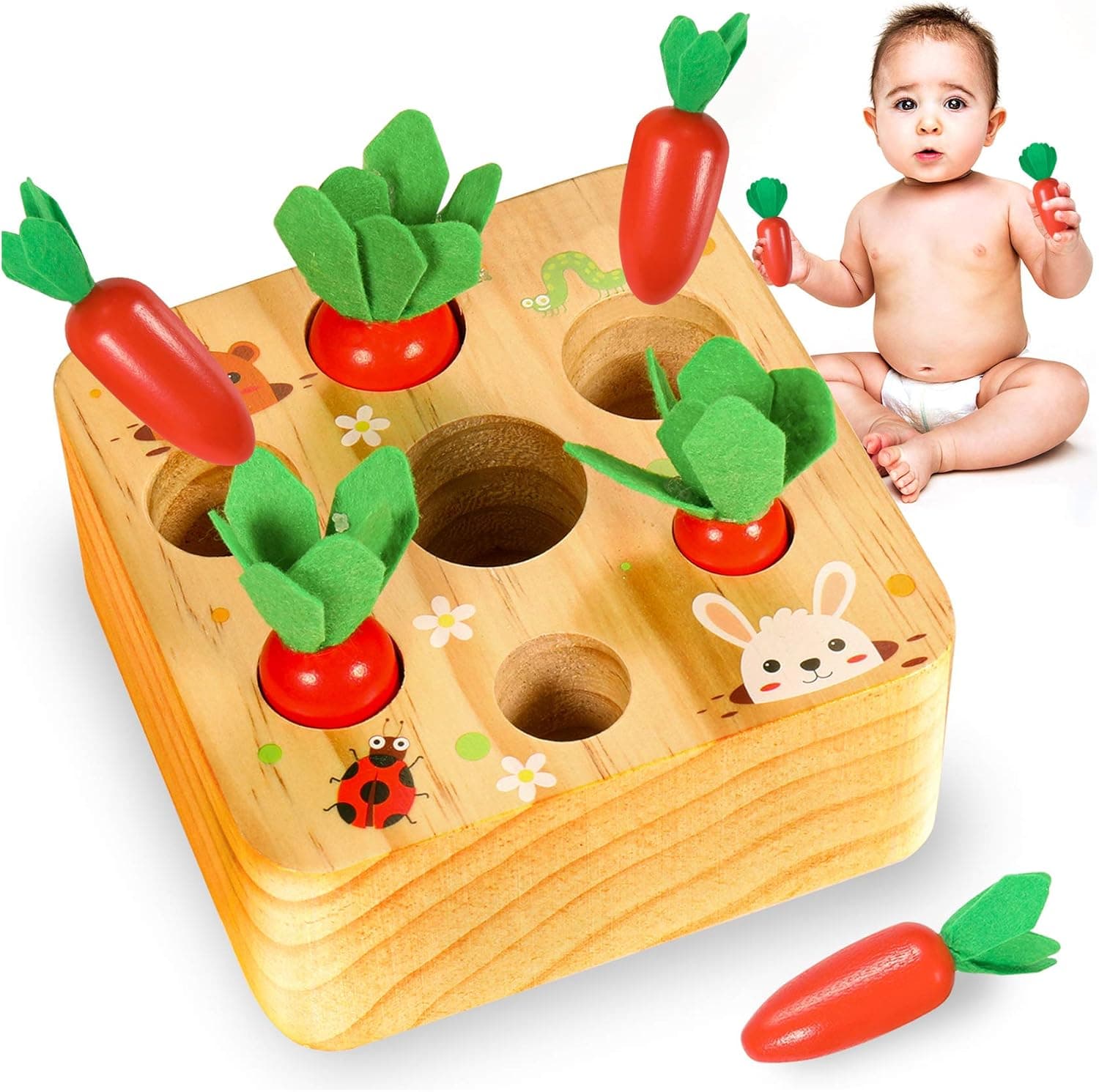 YOFUN Montessori Toys for Toddler - Carrot Harvest Wooden Matching Puzzle, Shape & Size Sorting Games for Developing Fine Motor Skill, Educational Gift for Baby Boys Girls, Made of Natural Pine Wood