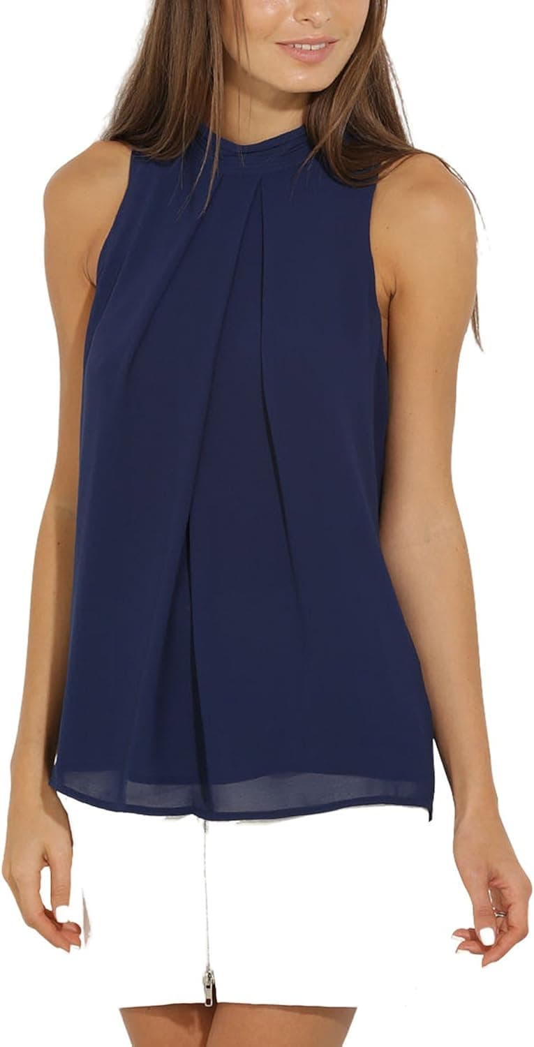 Eliacher Women Casual Summer Chiffon Tank Top High Neck Sleeveless Blouse Shirt
