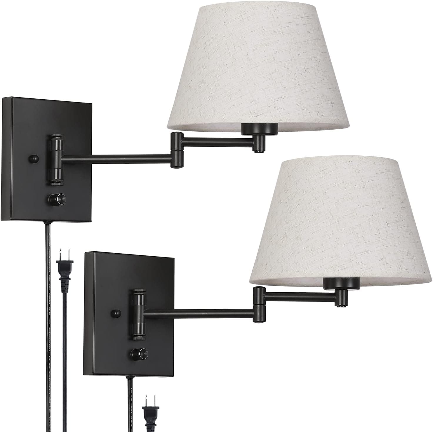 GLADFRESIT Modern Wall Light Set of 2 Beige Fabric Shade Wall Sconce with Plug-in Cord and Knob Dimmer Switch Indoor Wall Lamp for Living Room Dining Room Bedside Reading