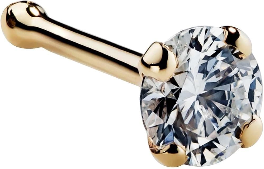 FreshTrends Cubic Zirconia Nose Stud - Nickel-Free 14K Yellow Gold Gold Nose Ring - 20 Gauge