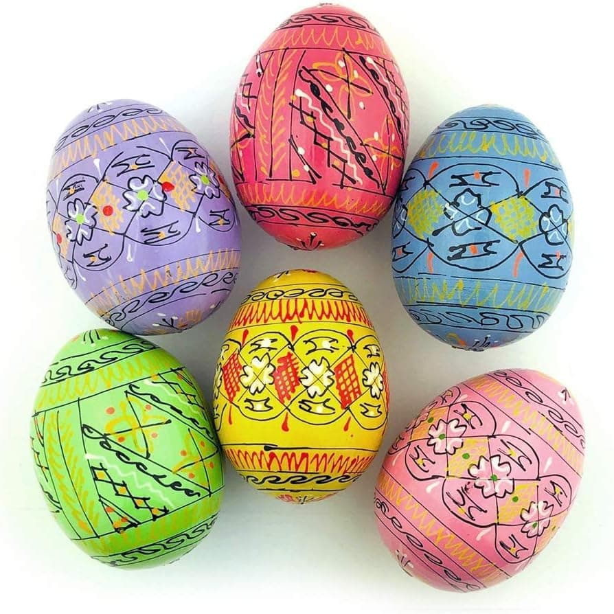 Ukrainian Wooden Pastel Color Hand Painted Pysanki Pysanky Easter Eggs, Set of 6