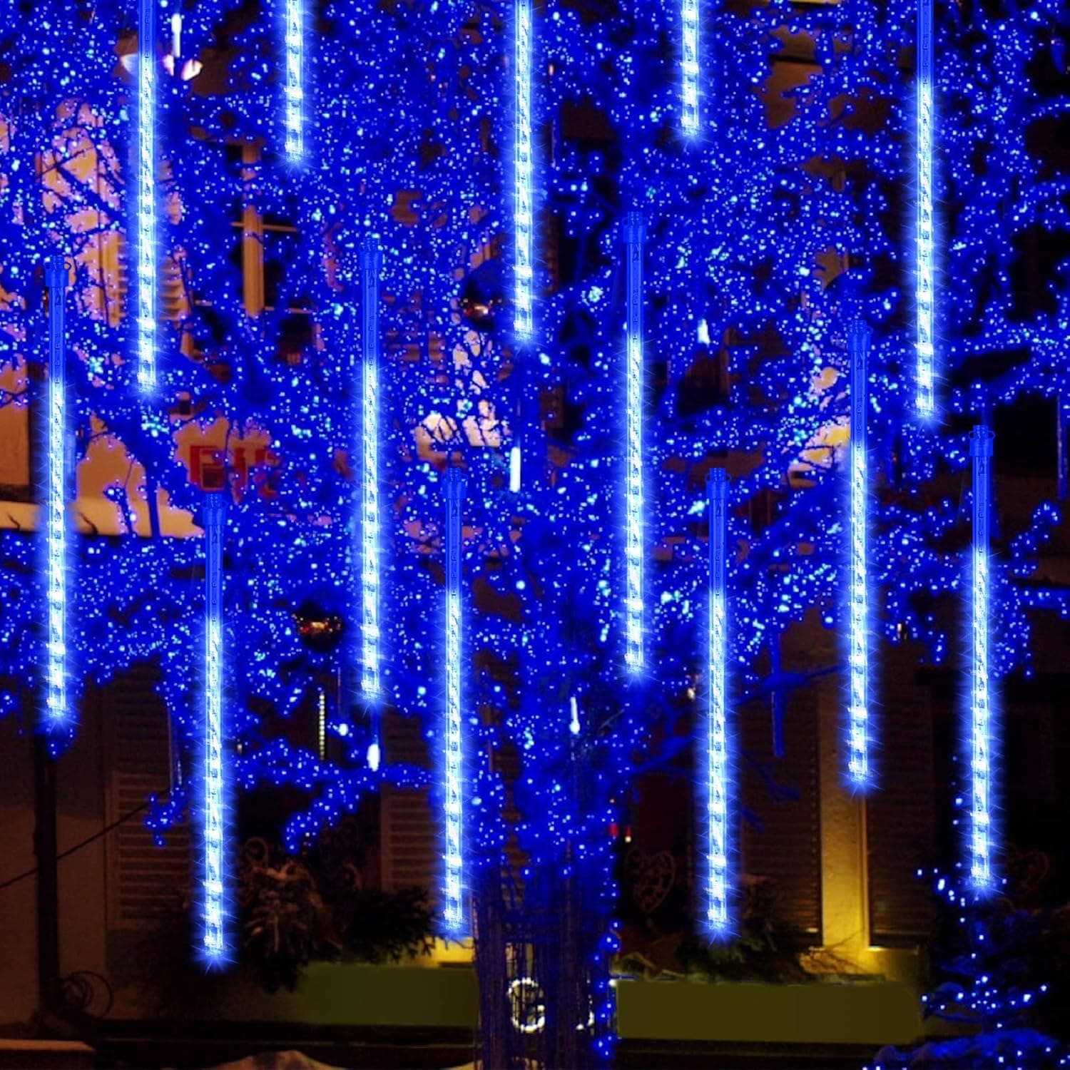GPODER Meteor Shower Lights 30CM, 8 Waterproof Tubes Snow Drop Lights, 288 LEDs Meteor Icicle Lights for Christmas Outdoor Garden House Window Xmas Tree Decoration(Blue)