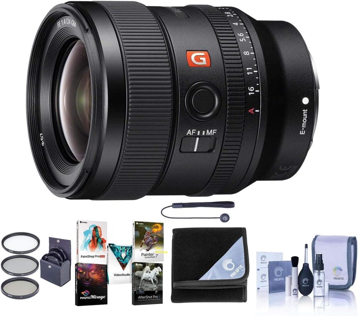 Sony FE 24mm F/1.4 GM (G Master) E Mount Lens - Bundle with 67mm Filter Kit, Lens Wrap, Capleash II, Cleaning Kit, PC Software Package
