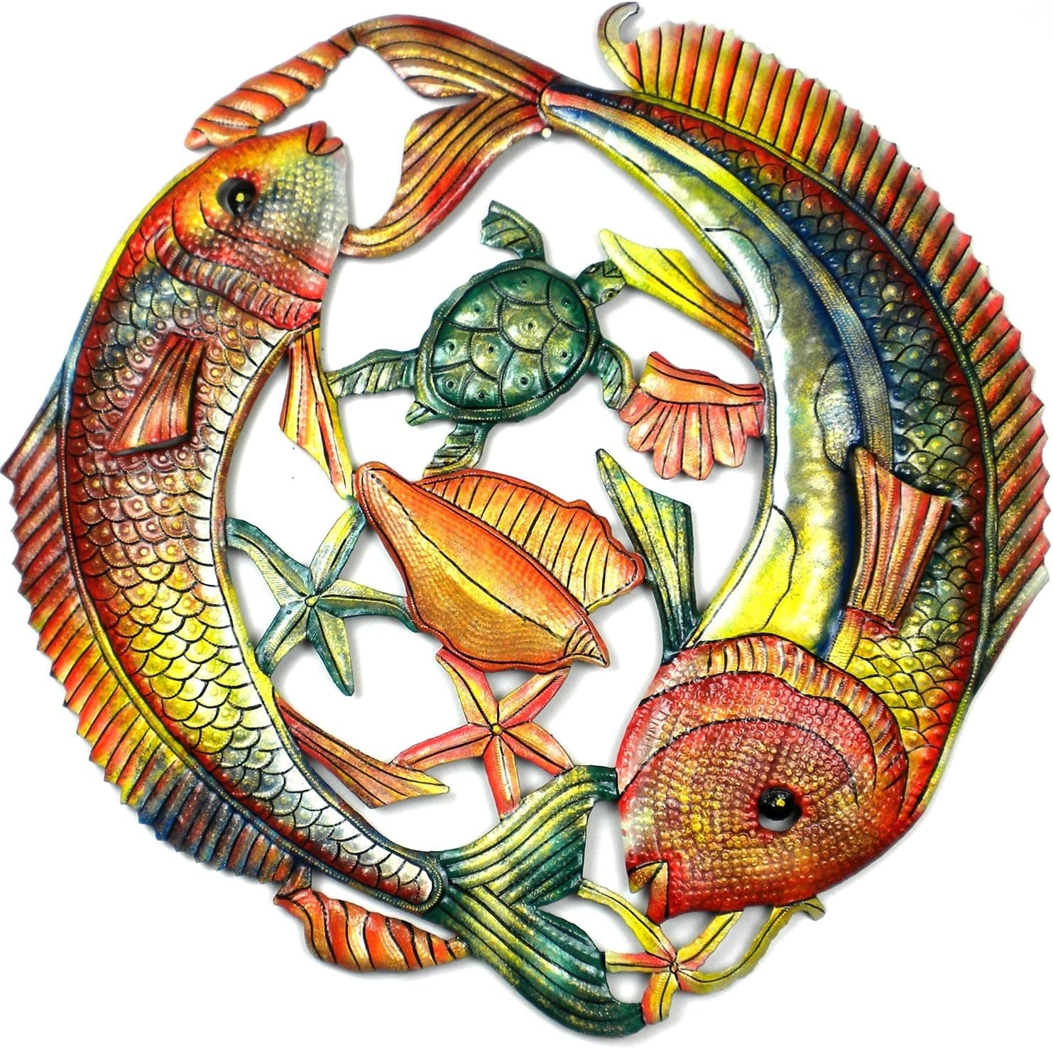 Global Crafts 24" Recycled Handmade Haitian Metal Wall Art Sea Life, Leaping Fish