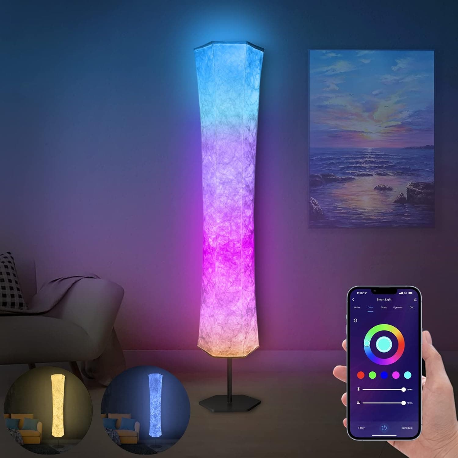 AMERCOT Floor Lamp,RGB Color Changing Led Lamp,Smart Lamp,Alexa APP Light Control,59" Modern Lamp with Remote,Music Mode,Dimmable Standing Lamp for Living Room Bedroom Game Room