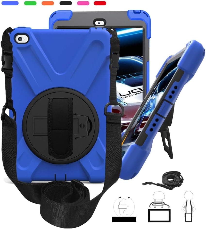 iPad Mini 4 case for Kids-iPad A1538 A1550 Shockproof Case 3- Layer Heavy Duty Soft Silicone Rugged Protective Cover, with 360 Degree Swivel Kickstand Shoulder Strap & Handle Hand Strap - Blue