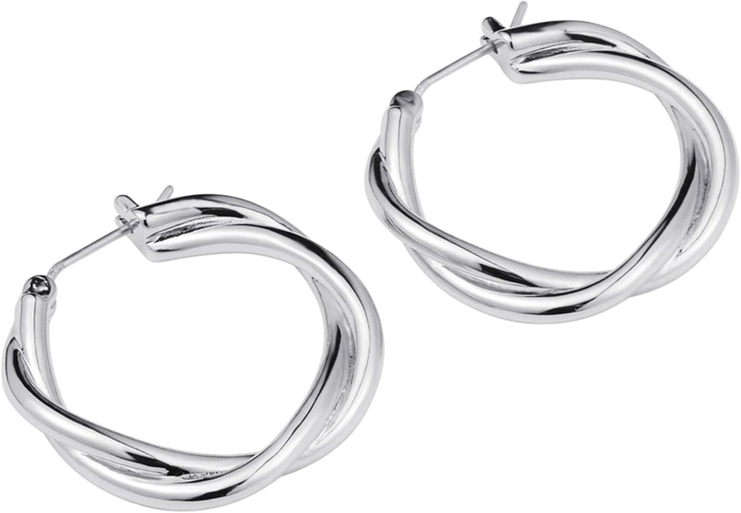 Twisted Hoop Earrings 14k Gold Plated 925 Sterling Silver Post Earrings, White Gold Earrings for Women, 1.03 inch