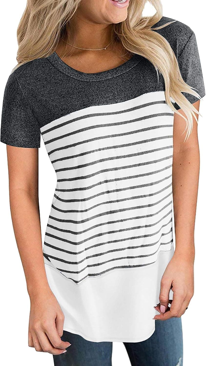 Womens Summer Short Sleeve Round Neck Triple Color Block Striped Casual T Shirt Blouse Top Black X-Large