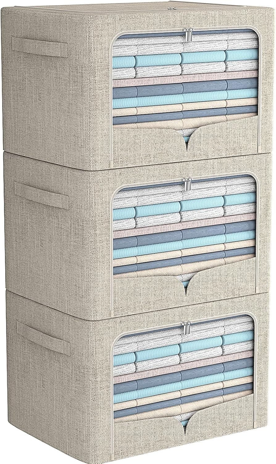 3 Pack Clothes Storage Bins - Foldable Metal Frame Storage Box - Stackable Linen Fabric Organizer Set with Carrying Handles and Clear Window (Beige, 19.7x15.7x12.6inch(66L))