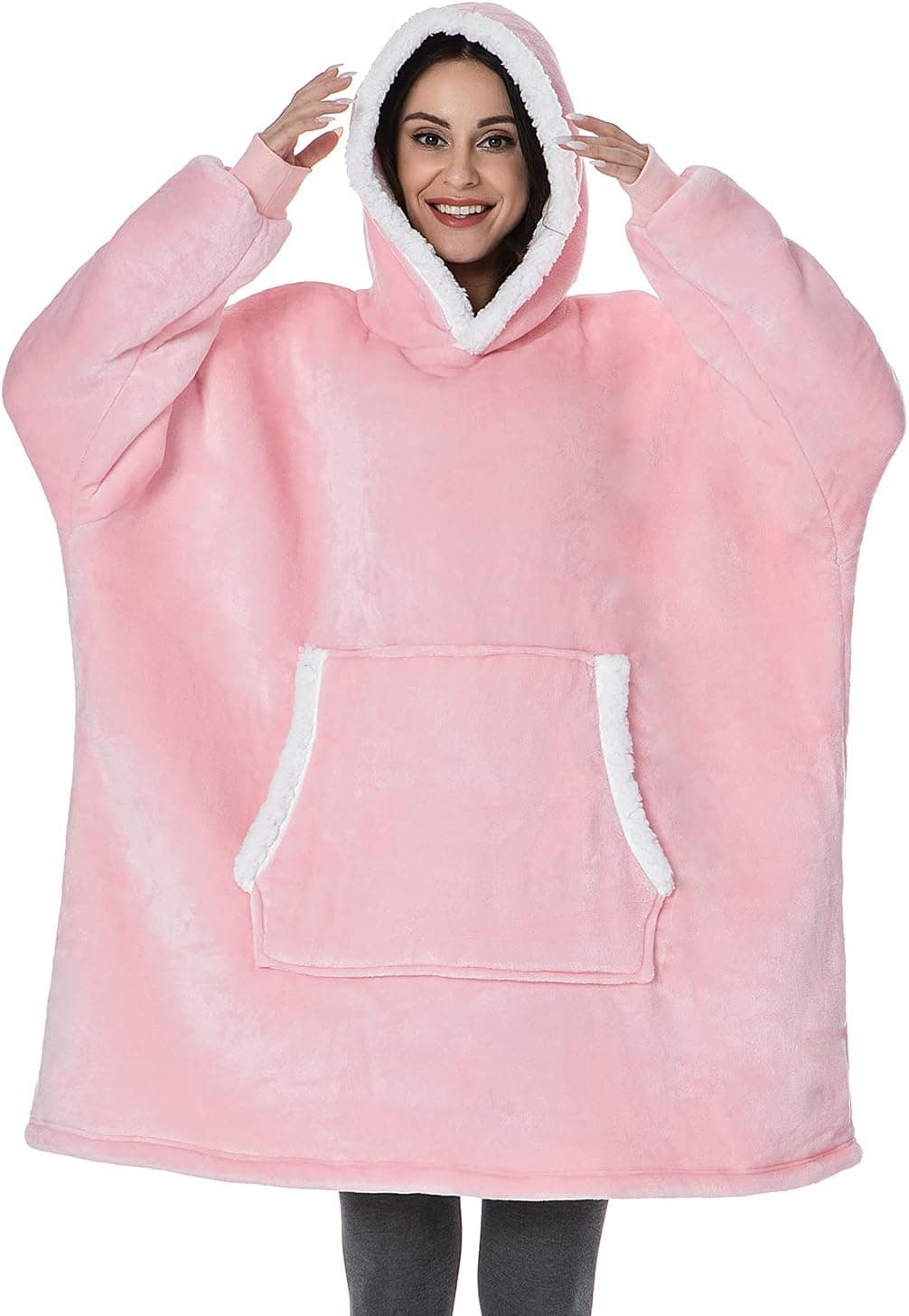 Fantaslook Blanket Hoodie | Flannel & Sherpa Wearable Blanket | Premium Oversized Hoodie Blanket for Women & Men Pink