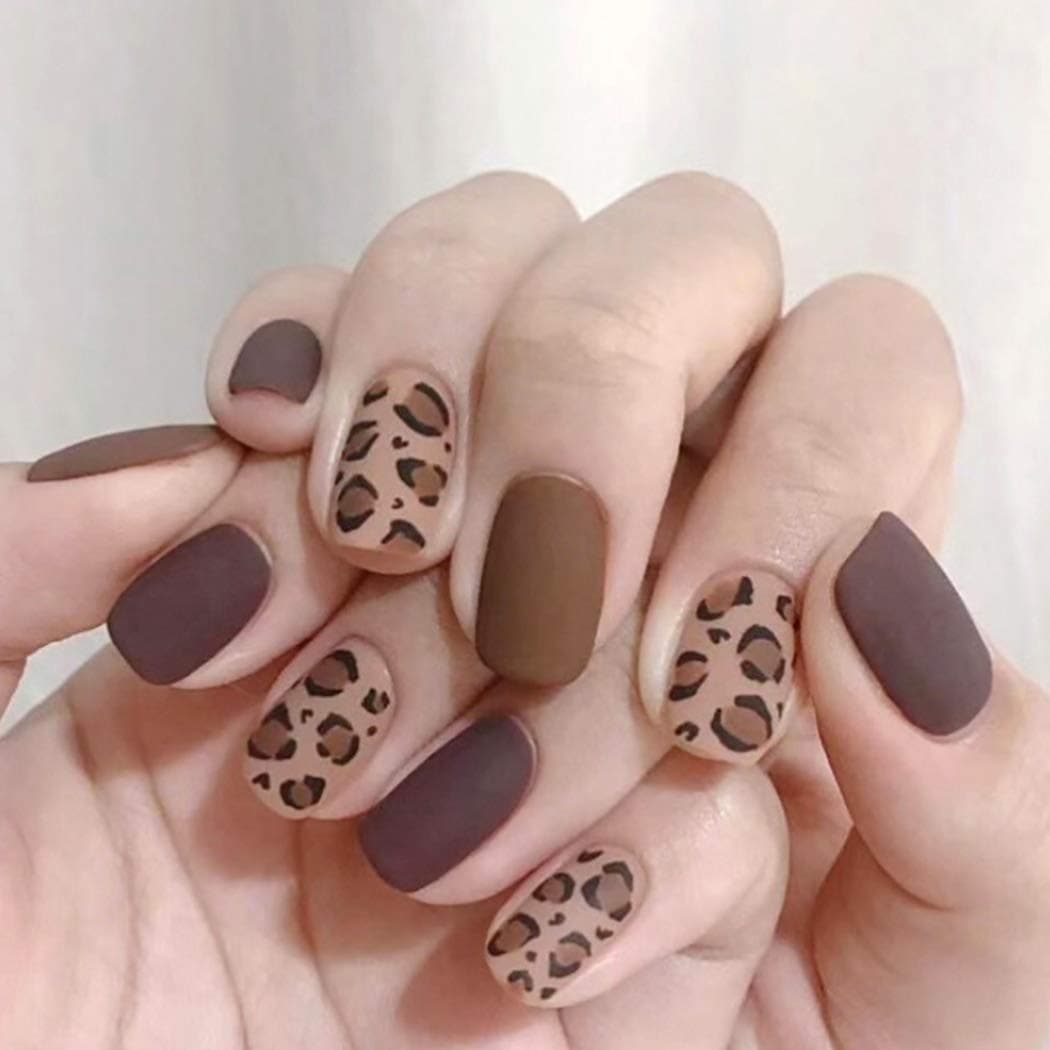 Drecode Leopard Fake Nails Brown Matte False Nail Cute Square Short Full Cover Aryclic Daily Birthday Party Clip Press On Nails for Women and Girls(24Pcs)