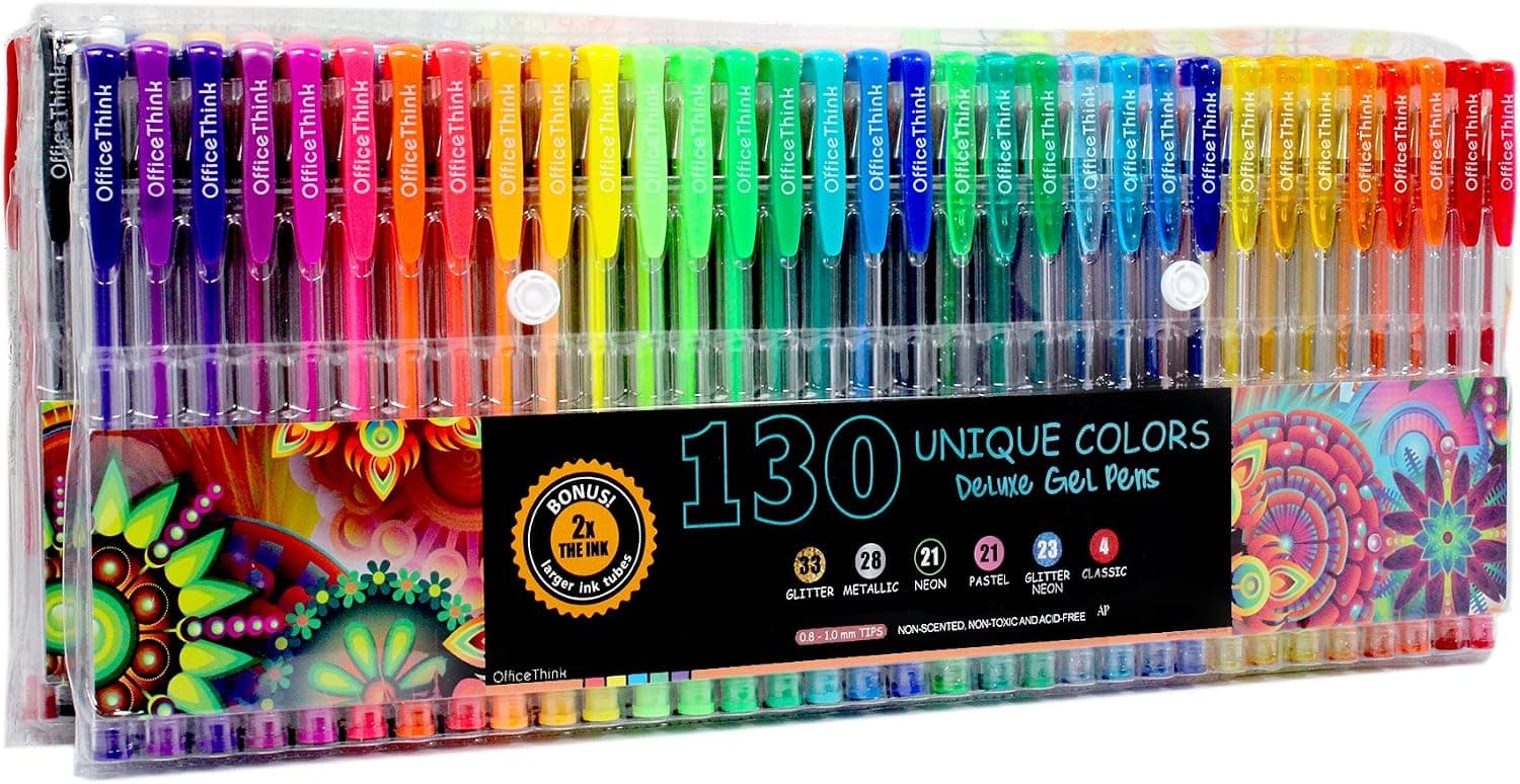 OfficeThink 130 Unique Gel Pens Set - Ergonomic Grips - Color Codes and Chart - Zero Duplicates - 60% More Ink - Non Toxic - Acid Free - BONUS 12 Adult Coloring Pages, Sketching, Crafts, and More!