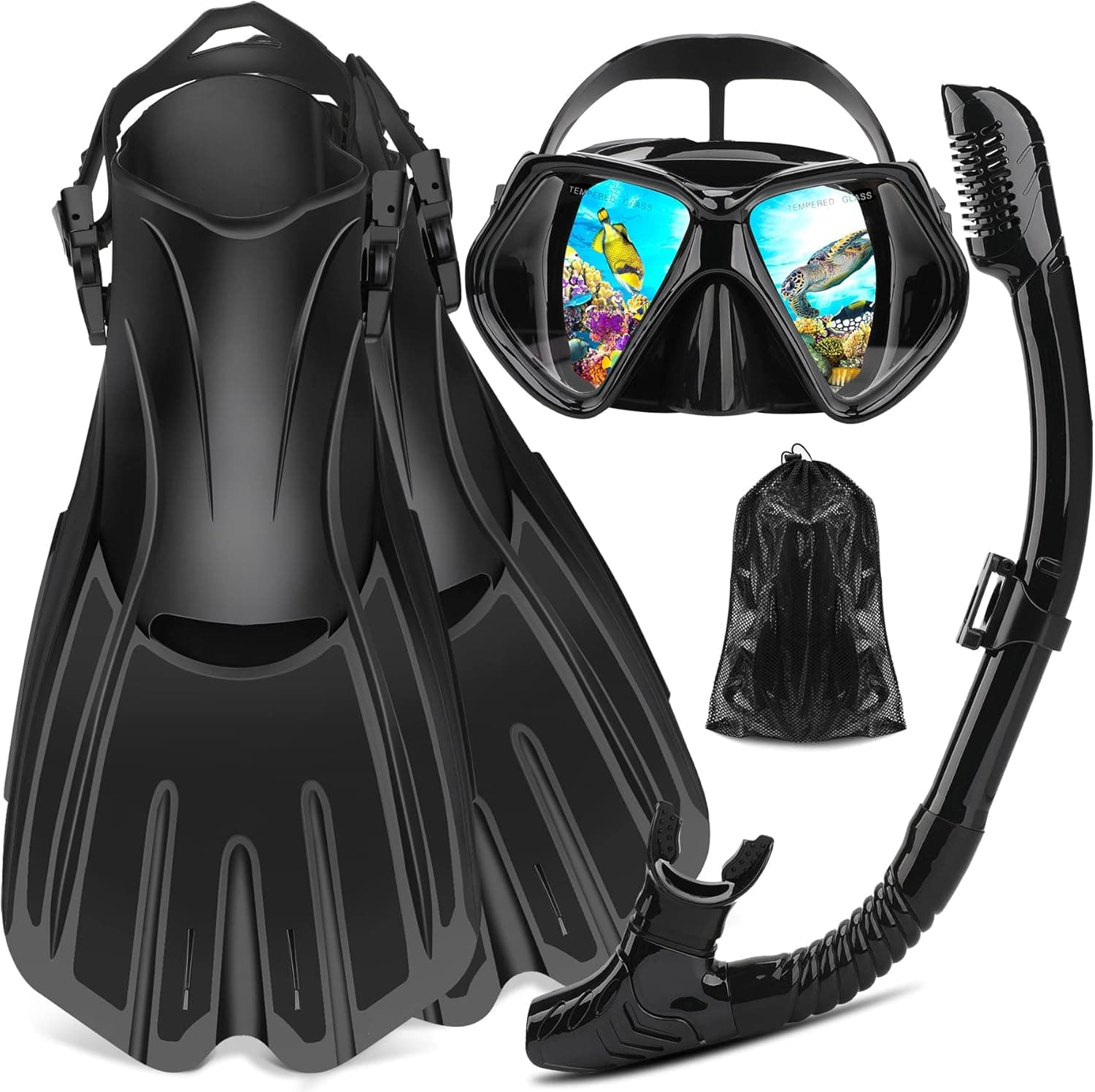 Horyliin Mask Fin Snorkel Set with Adult Snorkeling Gear, Panoramic View Diving Mask, Trek Fin, Dry Top Snorkel +Travel Bags, Snorkel for Lap Swimming