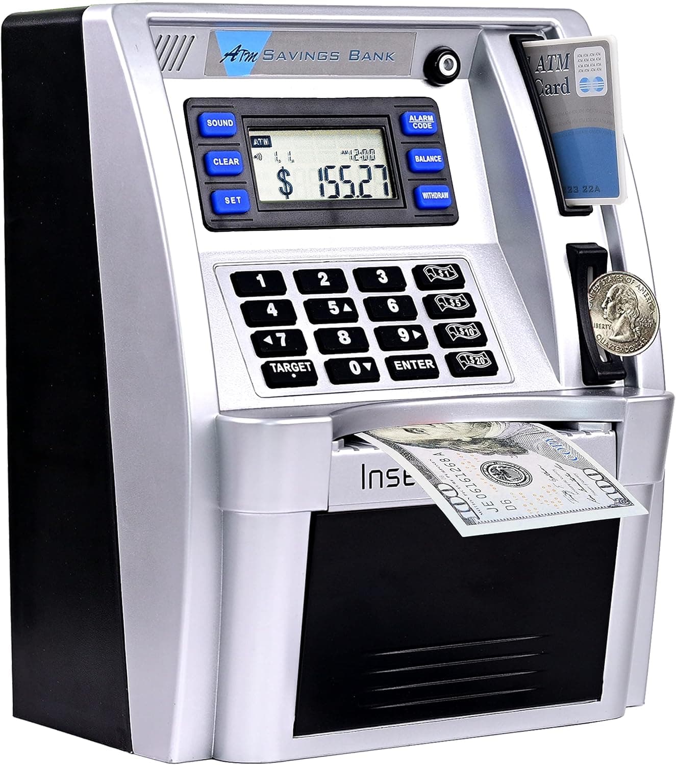 GoodsFederation Upgraded Talking ATM Savings Piggy Money Bank for Real Money with Real Voice Prompt,Data Save,Debit Card,Coin Recognition,Saving Target,Balance Calculate for Kids Adults (Silver/Black)