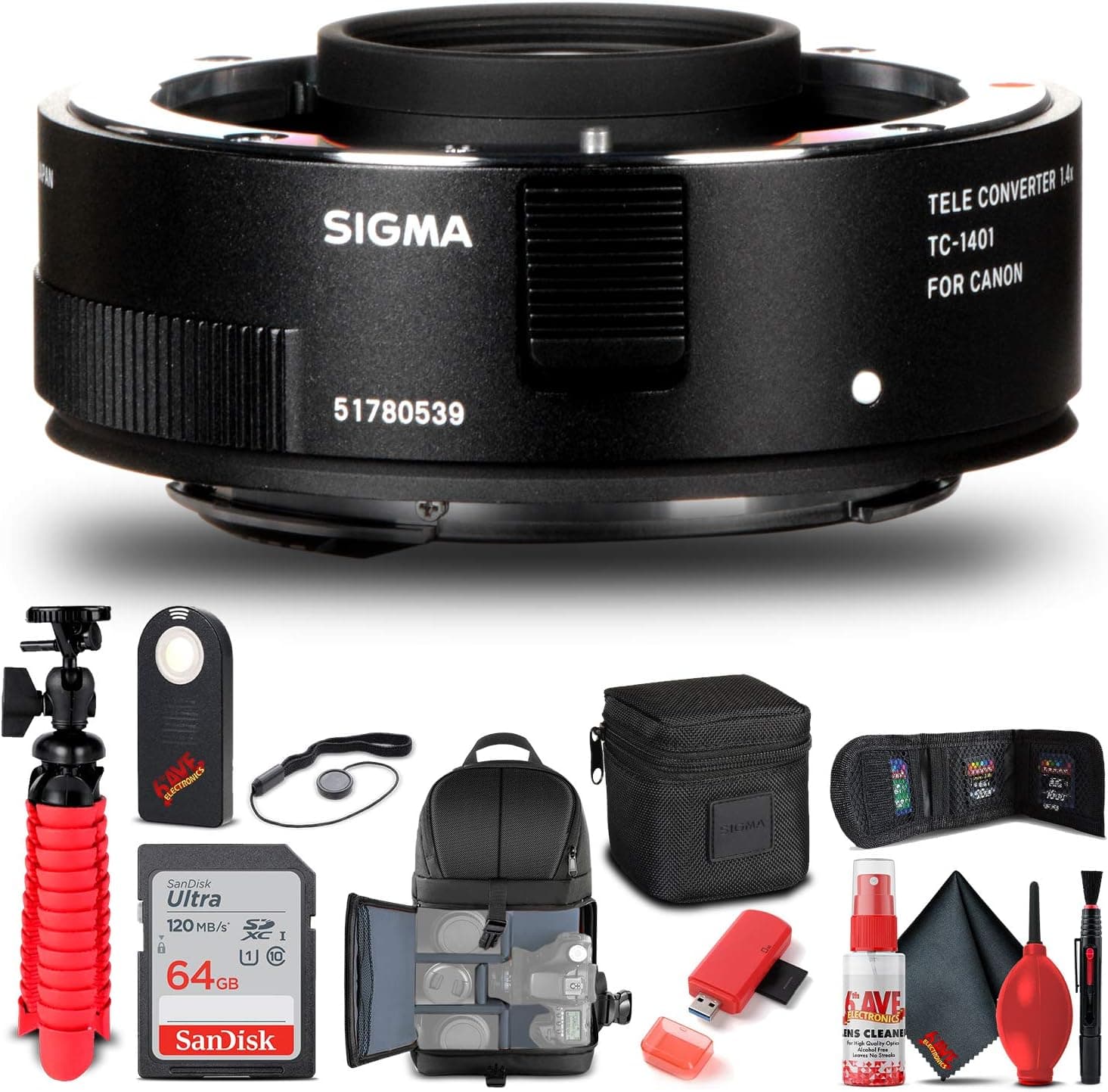 Sigma TC-1401 1.4X Teleconverter for Canon EF (879101) Bundle + Backpack + 64GB Card + Card Reader + Cleaning Set + Flex Tripod + Memory Wallet + IR Remote + Cap Keeper
