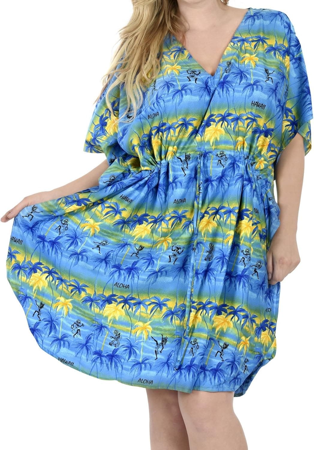 LA LEELA Women's Loungewear Petite Caftan Mini Beach Cover up Dress 2X-3X Blue-U23