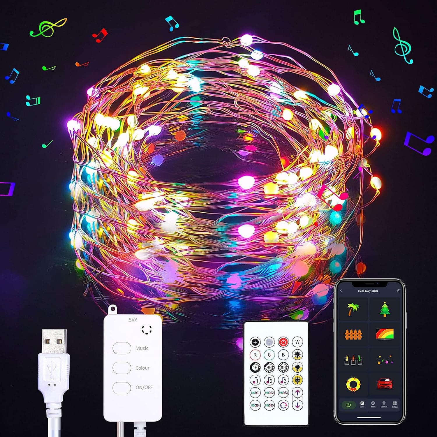 Smart Fairy String Lights Work with Remote App Control Music Sync 33Ft Hanging Twinkle Lights-66 LED for Indoor Outdoor Decor (32.8Ft)