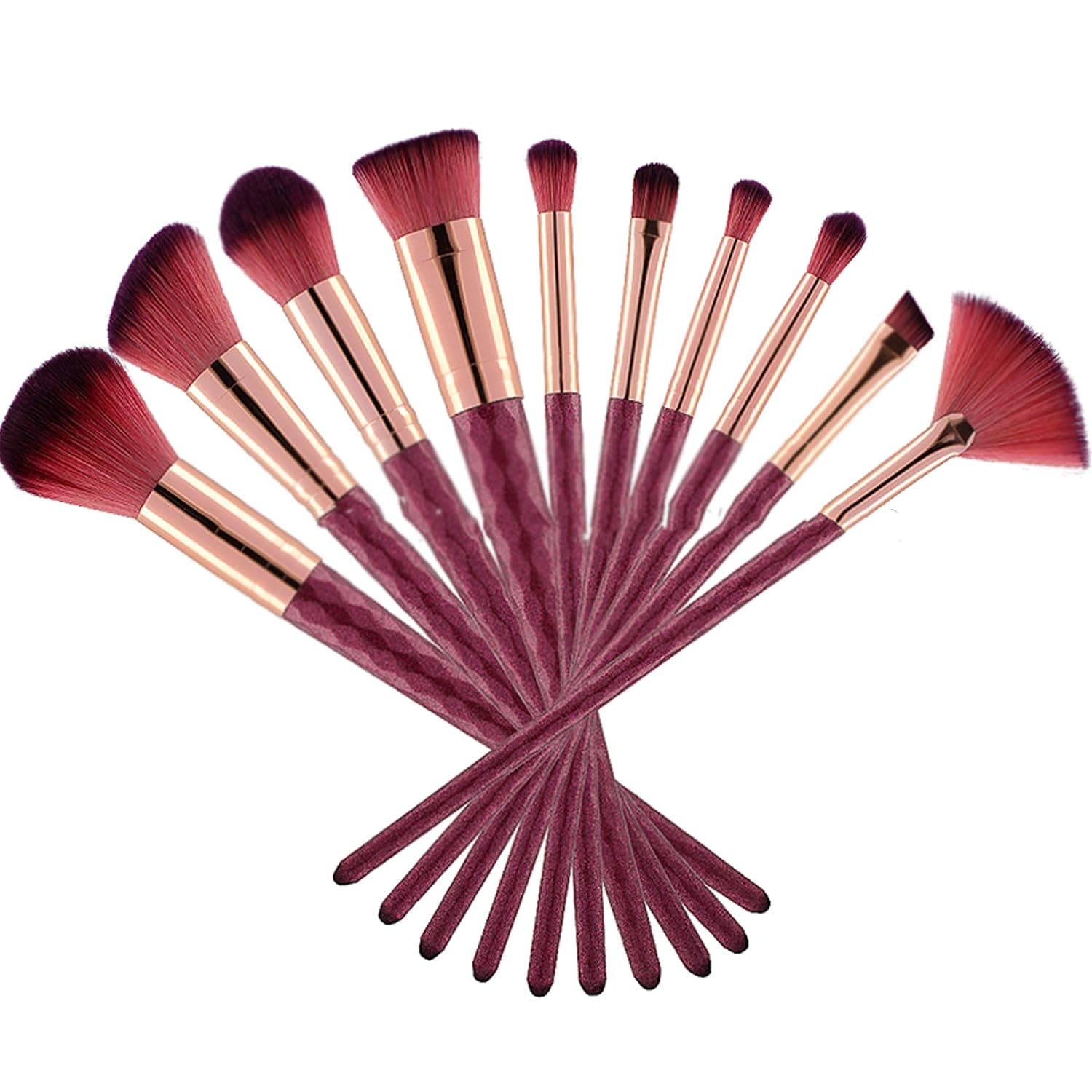 Premium Makeup Brushes Set - 10 Pcs Synthetic Foundation Powder Concealers Eye Shadows - Burgundy Color by Noor Cosmetics