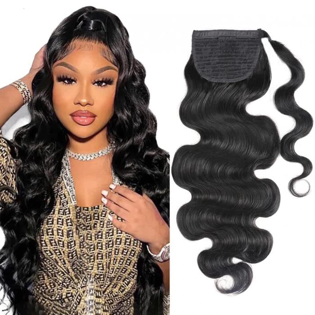 UNICE 22Inch Long Body Wave Human Hair Drawstring Ponytail Extensions High Puff Ponytail Hair Pieces with Comb Clip in Ponytail Extension Natural Black for Women