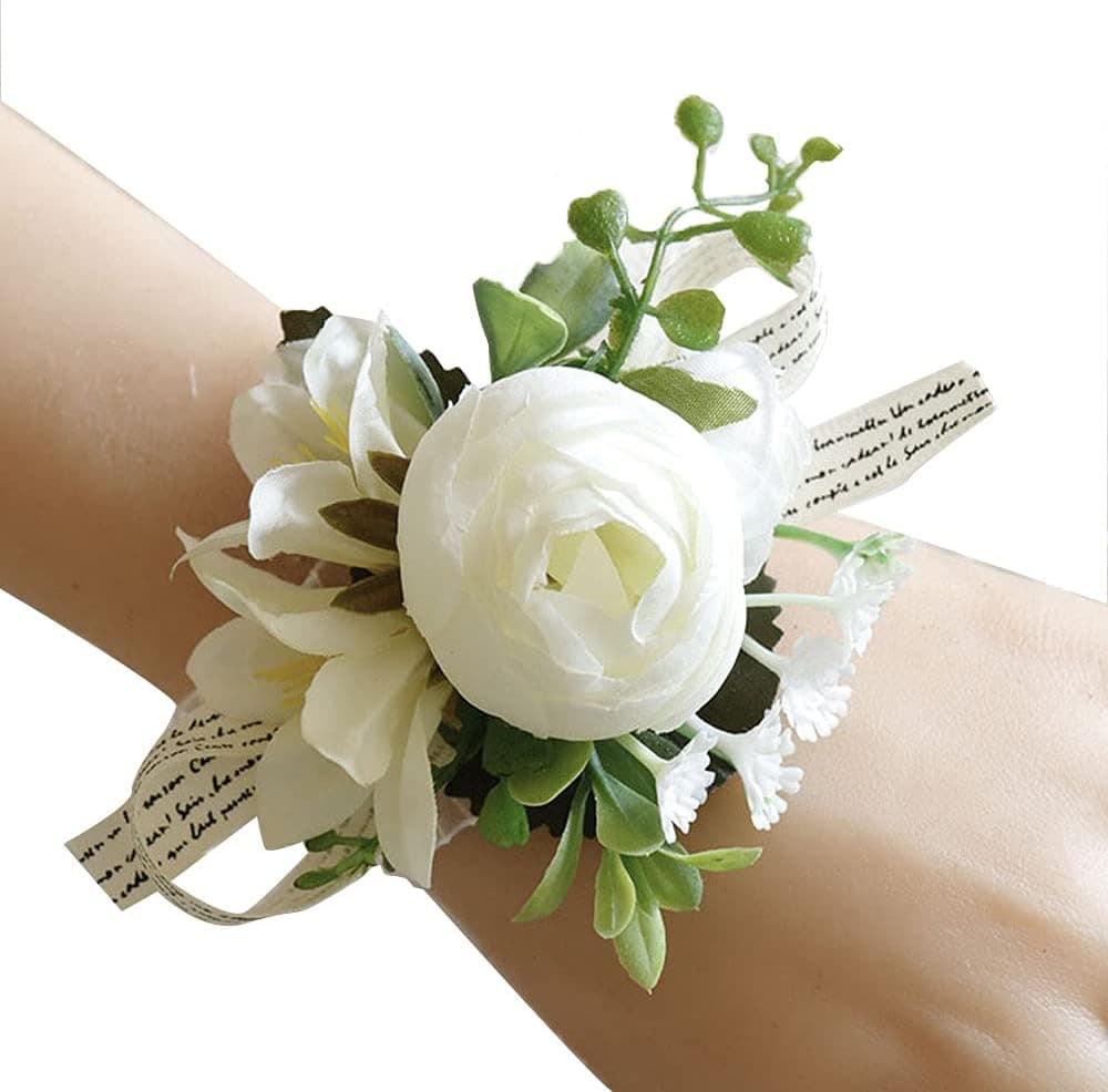 XAN Rose Wrist Corsage Wristlet Band Bracelet Boutonniere ,for Wedding Flowers Accessories Prom, for Wedding Bridal Prom Party Accessories (White Wrist Flower)