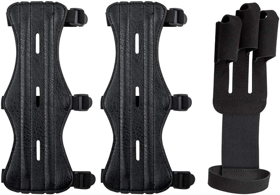 AIFUDA 2 Pack Archery Arm Guards Leather Forearm Protector with 1 Pack Archery Glove Finger Tab, Adjustable Bow Armguard Three Finger Guard for Archer Hunter