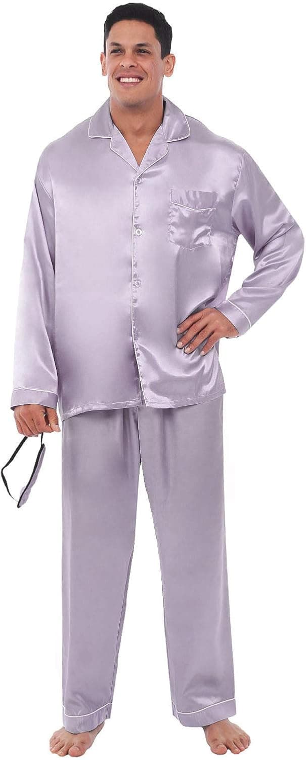 Alexander Del Rossa Men’s Pajama Set, Long Button Down Pajamas, Satin PJ Set, Light Gray with Cream Piping, Medium
