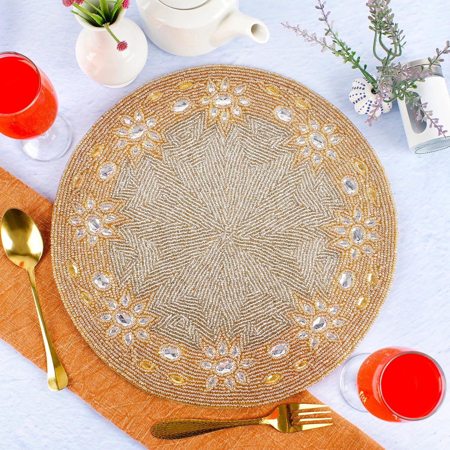 Beaded Placemats for Dining Table Beige Silver - Pack of 1 Measure 13 inches Beaded Placemats Round for Gathering, Thanksgiving - Occasional Decoration and Family Parties Celebrations.