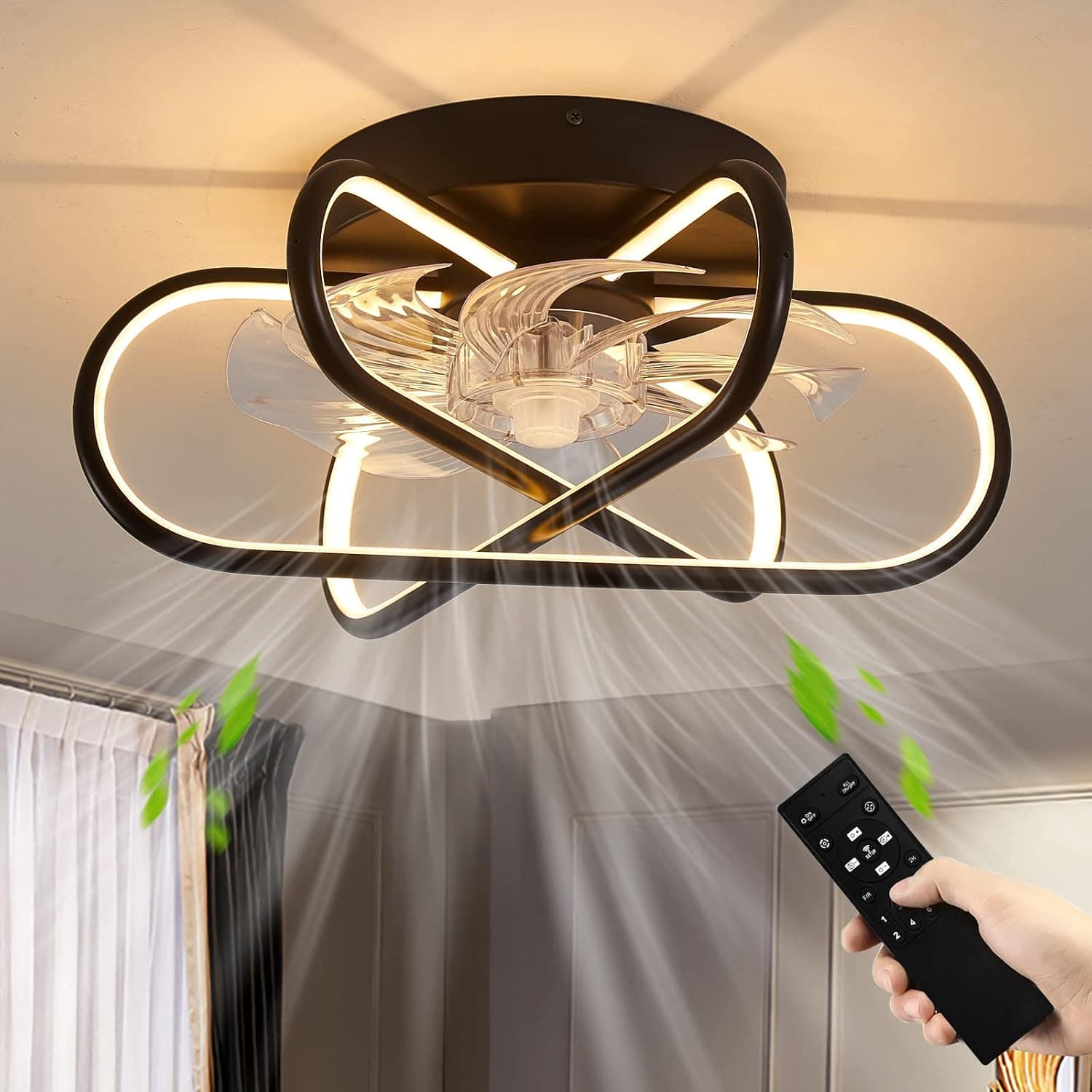 DADUL 16.5" Ceiling Fan with Lights Remote Control, Flush Mount Bladeless Ceiling Fan, 3 Color 6 Speeds Wind Low Profile Ceiling Fan with Light for Bedroom Living Room - Black