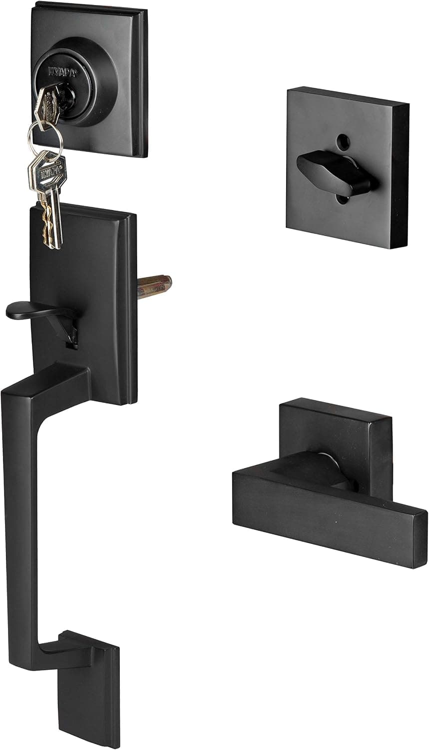 Ilyapa Front Entry Door Exterior Handleset - Modern, Matte Black Low Profile Lock Set Handle with Single Cylinder Deadbolt and Halifax Lever, Matte Black