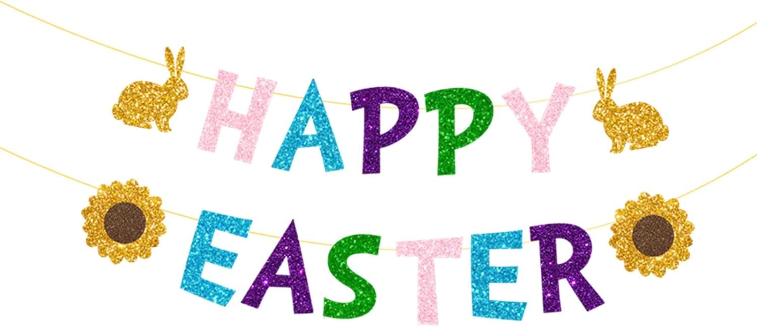 Happy Easter Banner, Glittery Bunny Radish Decorations Banners Spring Garland Photo Props Banner for Party Home Decorations (Multicolor)