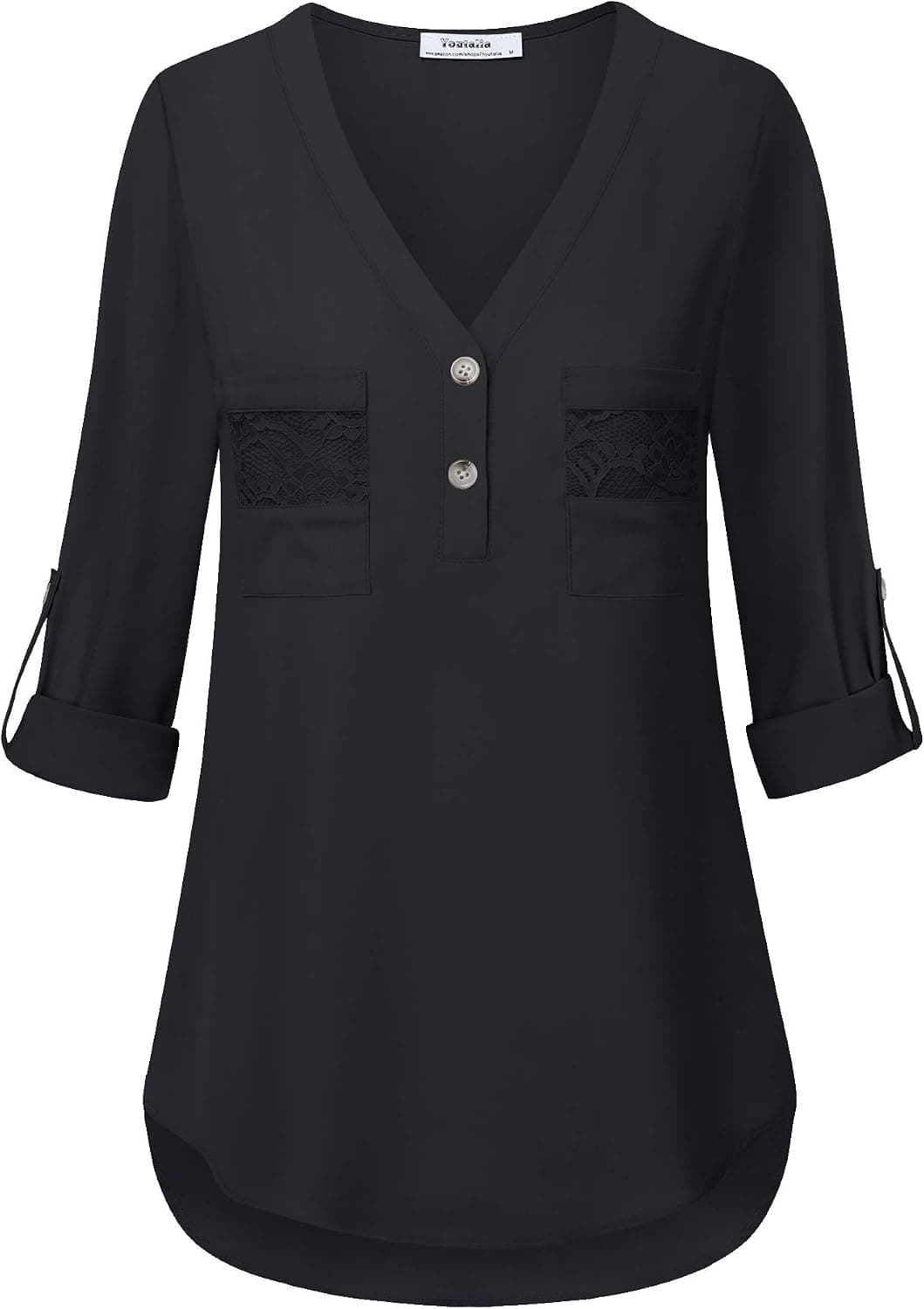 Youtalia Black Blouses for Women, Women's Tops Cute V Neck Roll Sleeve Button Down Shirts Flare Hem Soft Light Pocket Chiffon Tunic Blouse Black Medium
