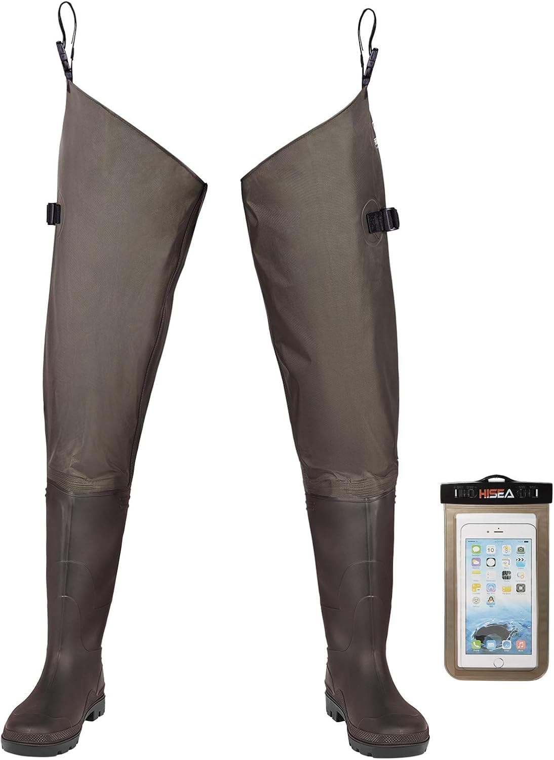 FISHINGSIR Hip Waders Waterproof Hip Boots for Men and Women with Boots Lightweight Bootfoot Cleated 2-Ply Nylon/PVC Fishing Hip Wader Brown & Green